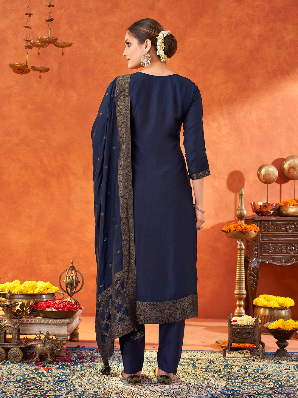 Women's Navy Pure Muslin Woven Jacquard Kurta set with dupatta