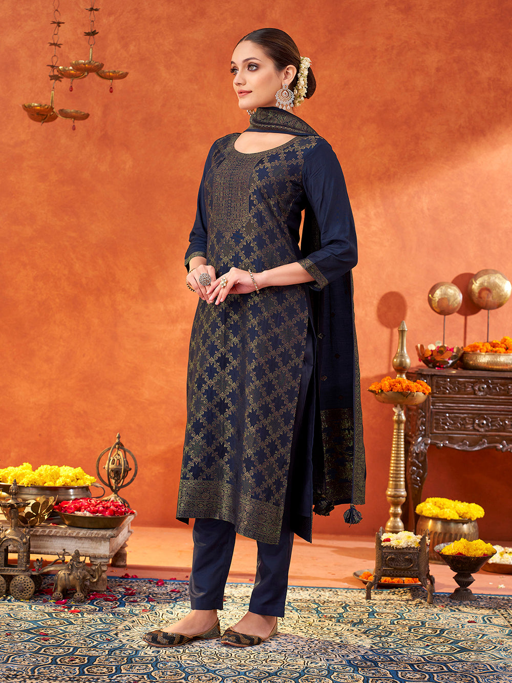 Women's Navy Pure Muslin Woven Jacquard Kurta set with dupatta