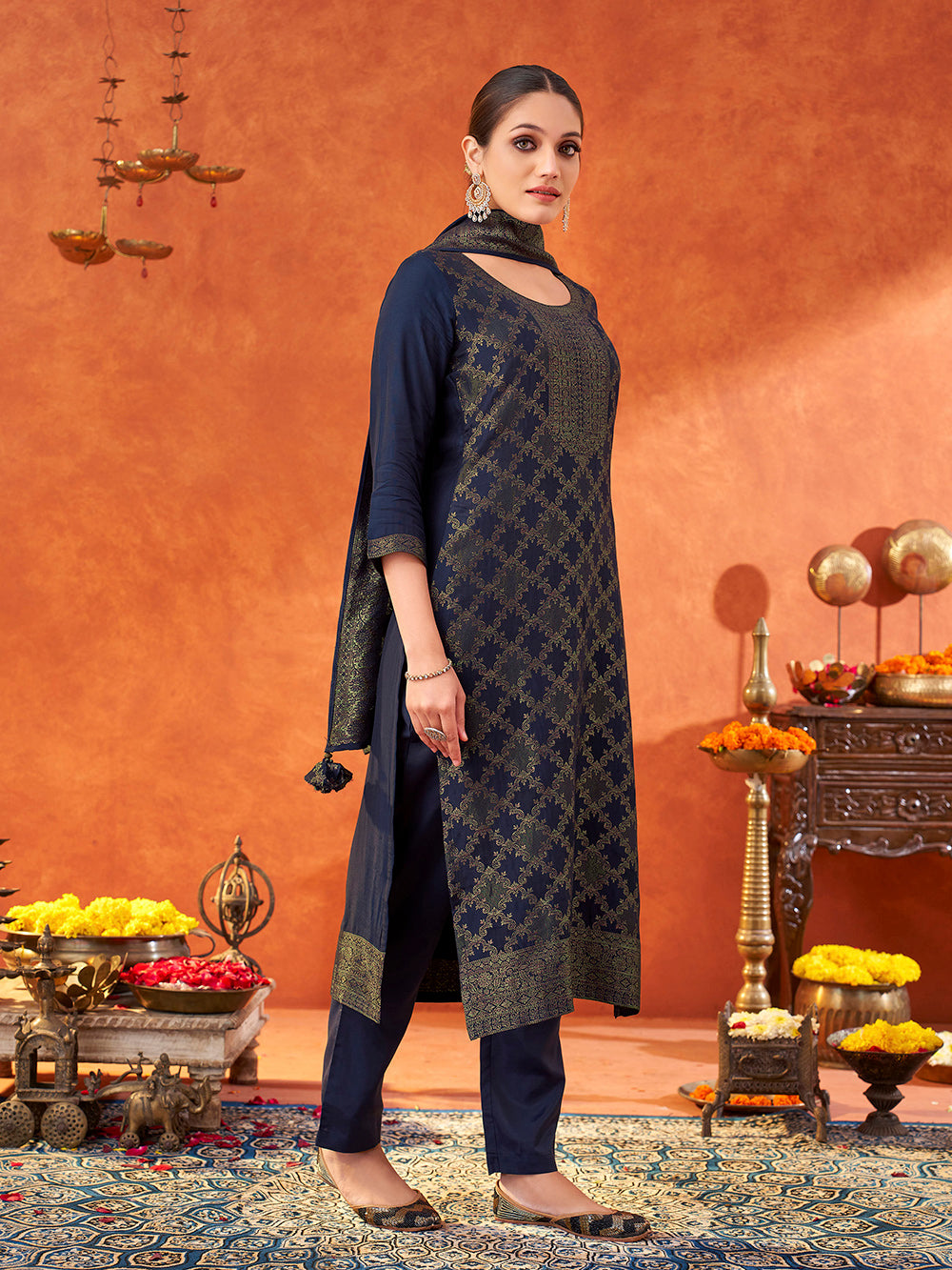 Women's Navy Pure Muslin Woven Jacquard Kurta set with dupatta