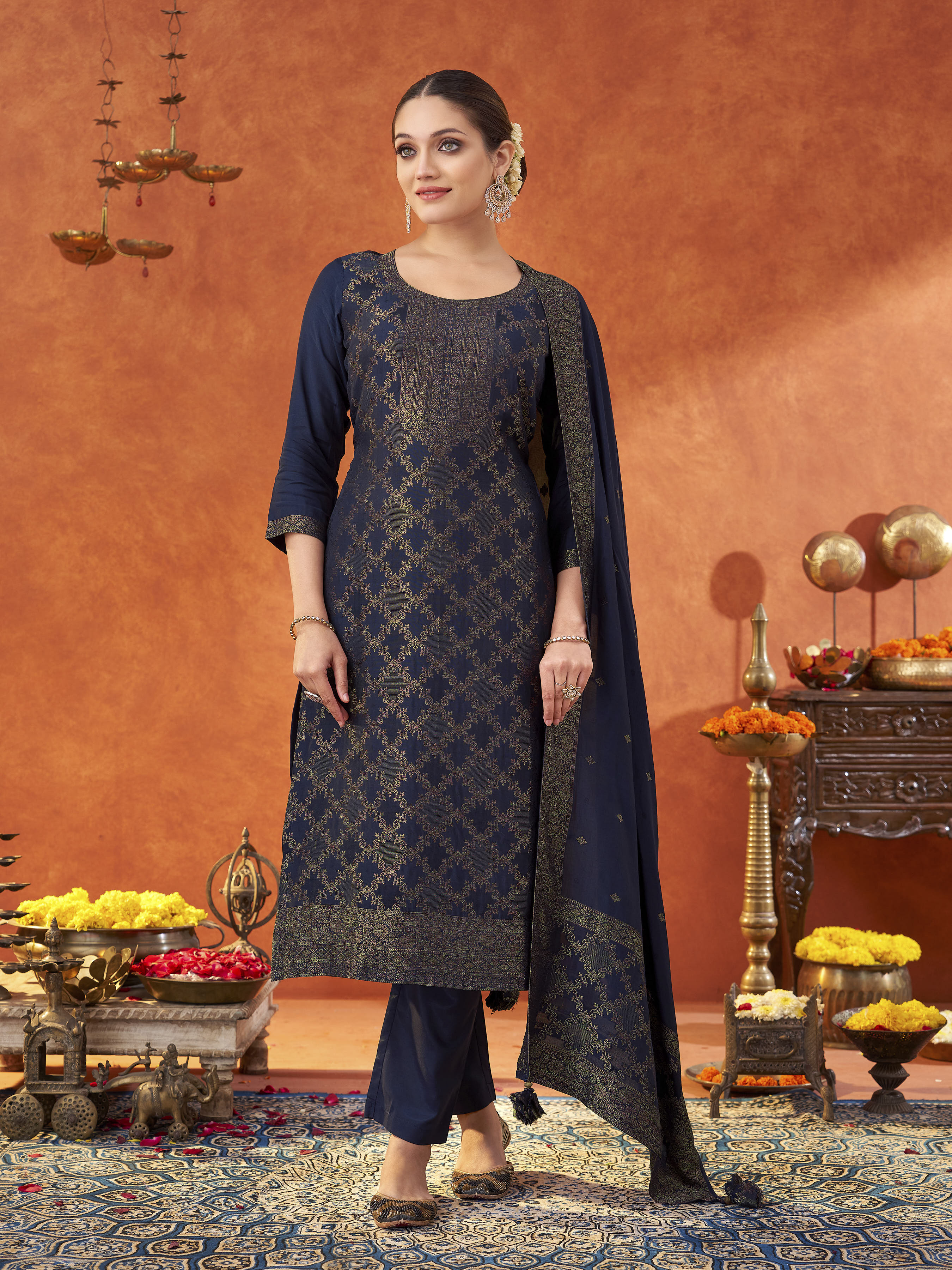 Women's Navy Pure Muslin Woven Jacquard Kurta set with dupatta