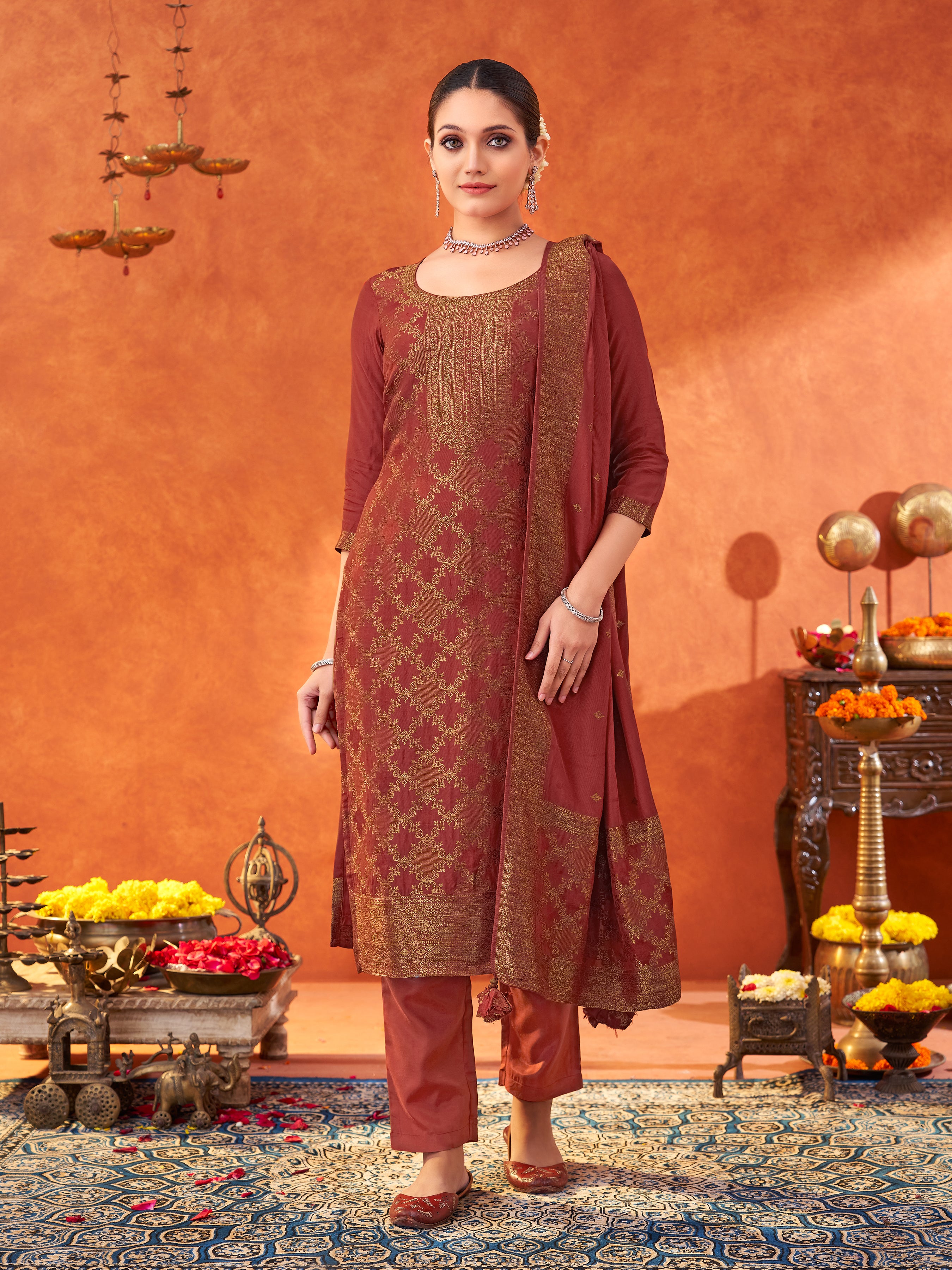 Women's Red Pure Muslin Woven Jacquard Kurta set with dupatta