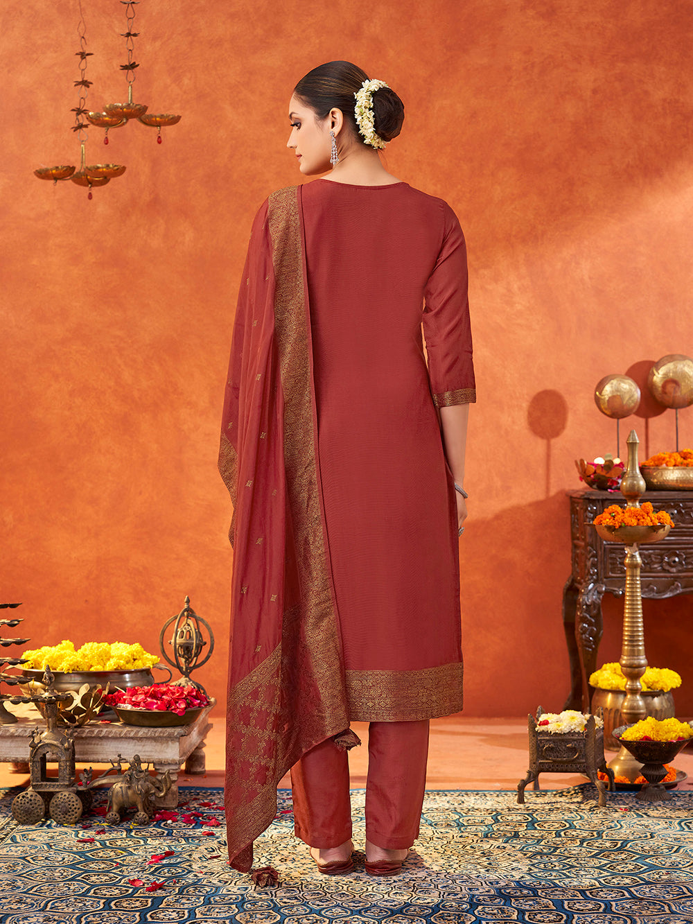 Women's Red Pure Muslin Woven Jacquard Kurta set with dupatta