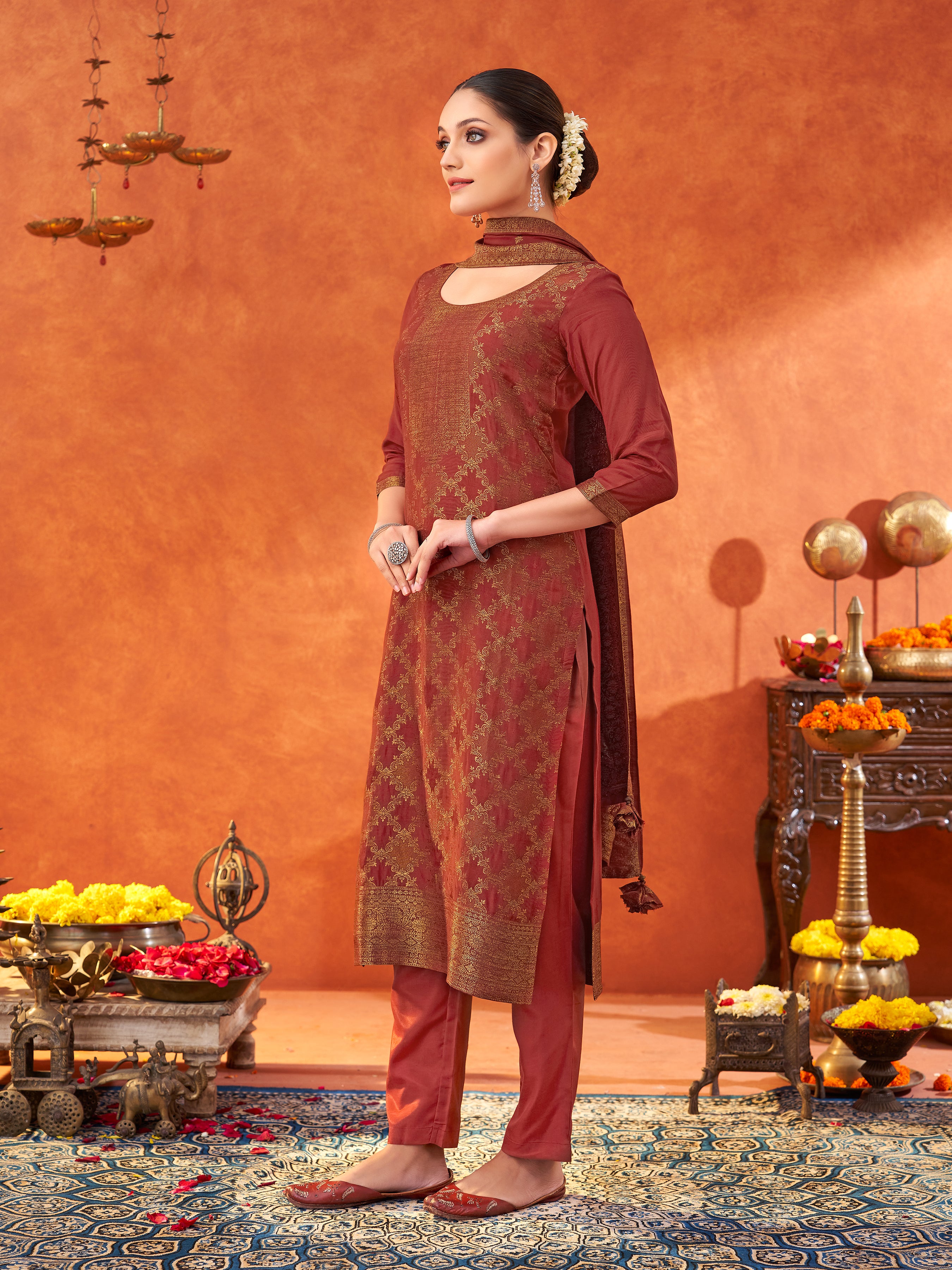 Women's Red Pure Muslin Woven Jacquard Kurta set with dupatta