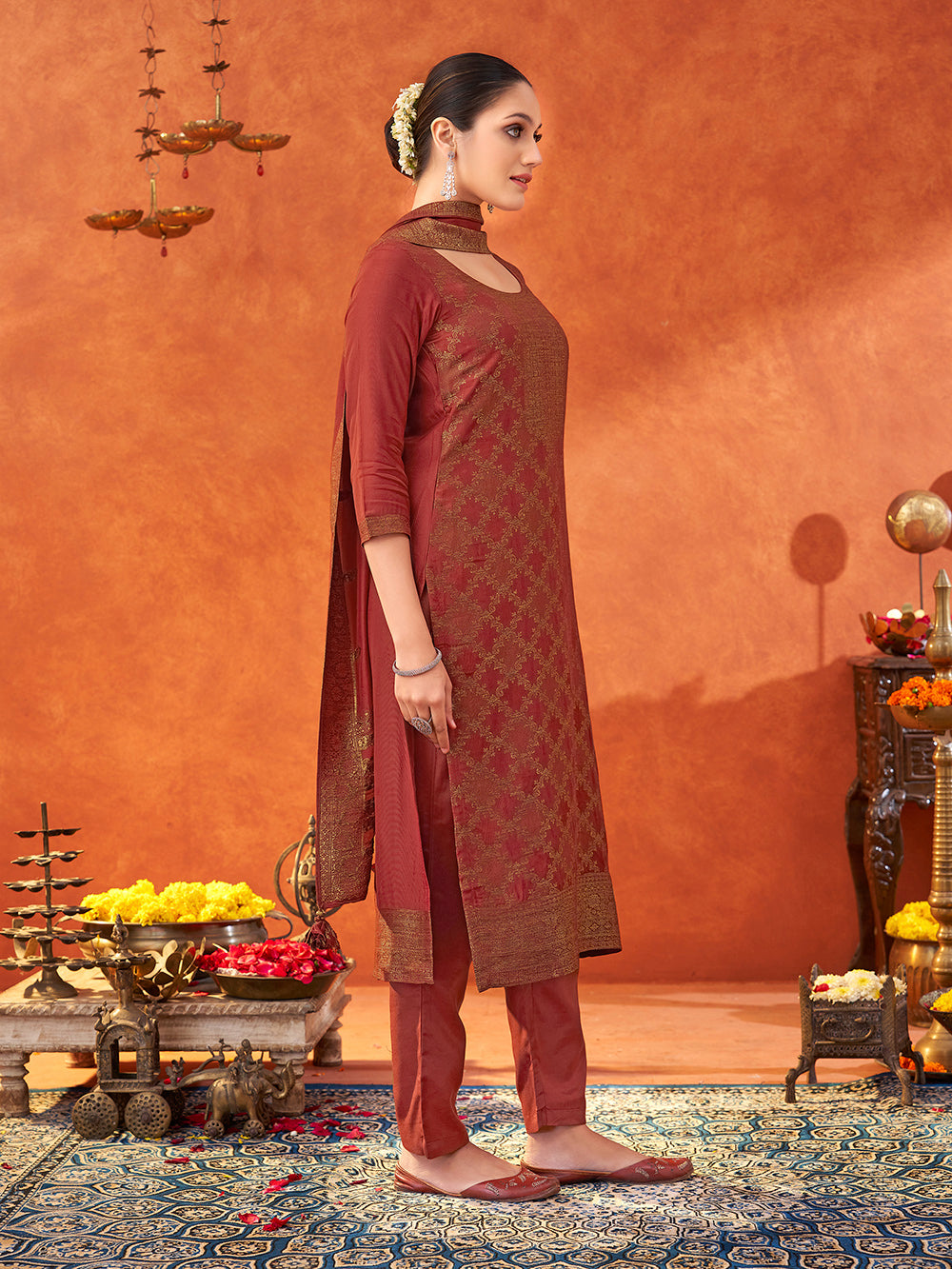 Women's Red Pure Muslin Woven Jacquard Kurta set with dupatta