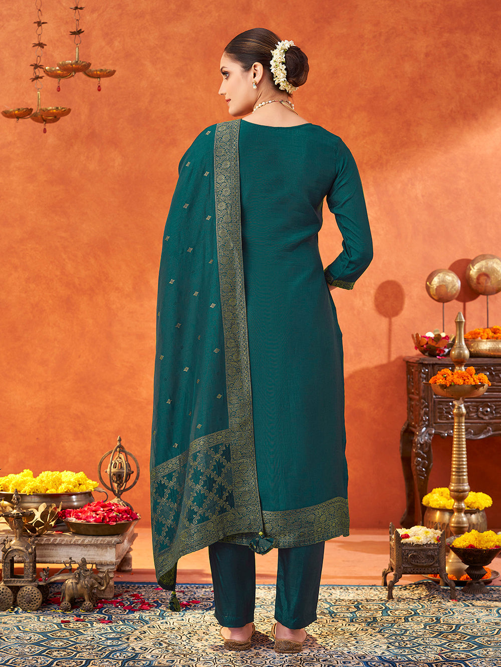 Women's Teal Pure Muslin Woven Jacquard Kurta set with dupatta