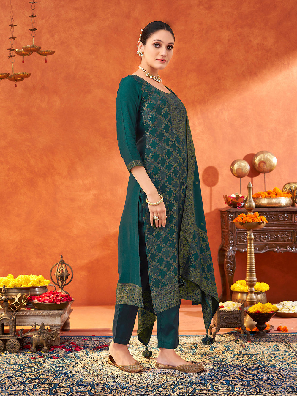 Women's Teal Pure Muslin Woven Jacquard Kurta set with dupatta