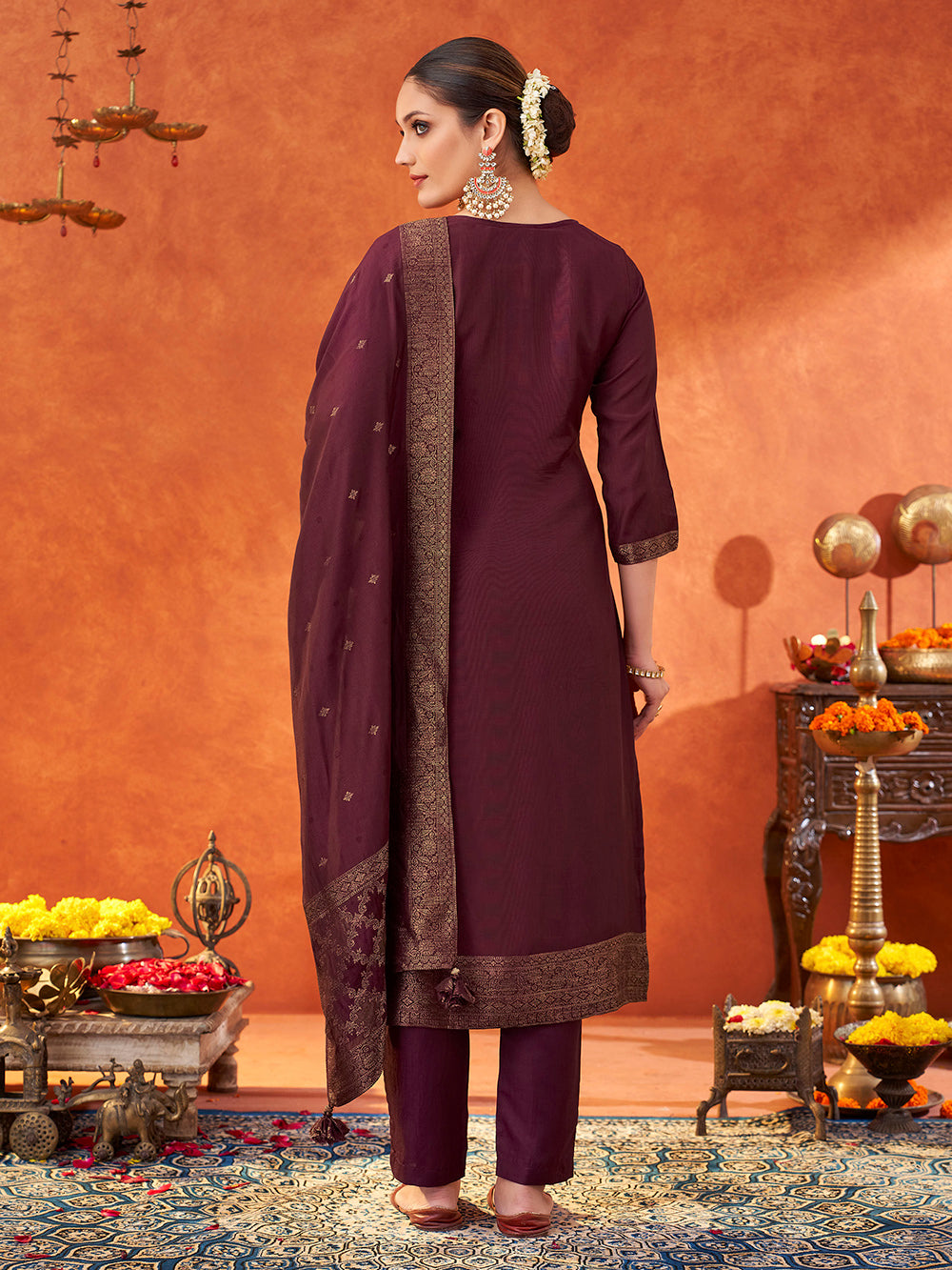 Women's Wine Pure Muslin Woven Jacquard Kurta set with dupatta