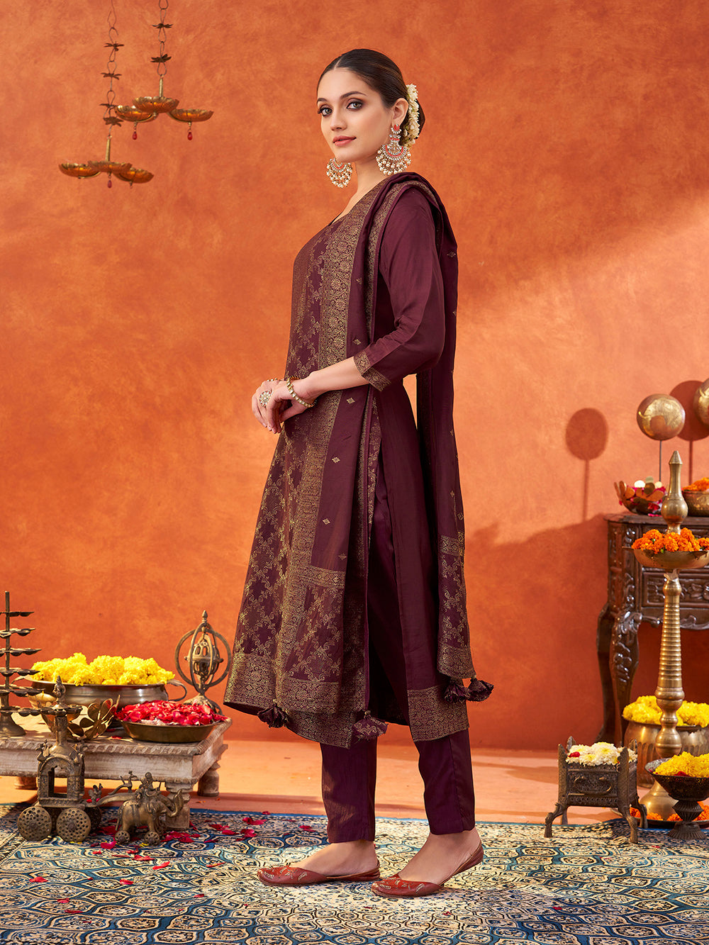 Women's Wine Pure Muslin Woven Jacquard Kurta set with dupatta