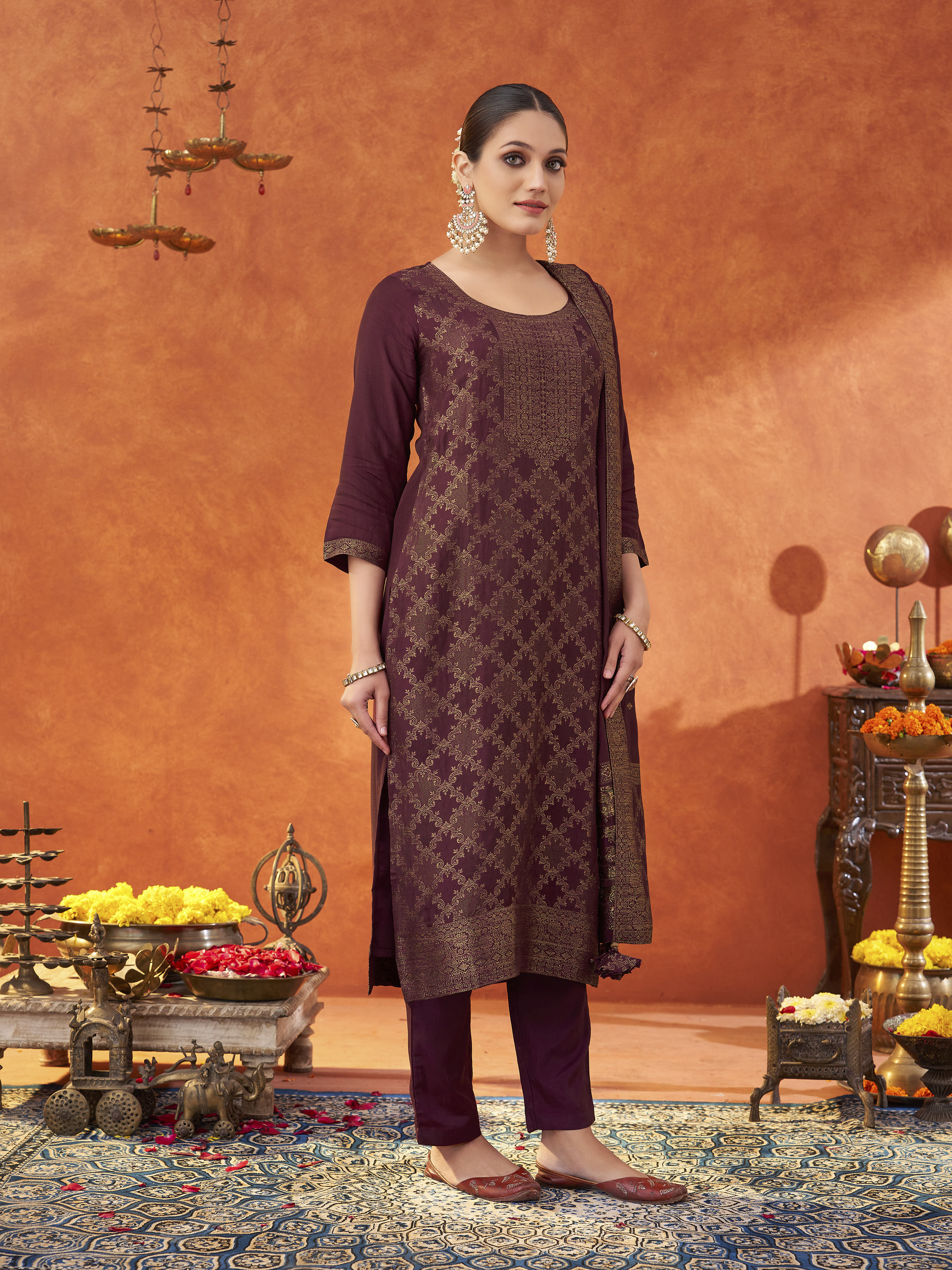 Women's Wine Pure Muslin Woven Jacquard Kurta set with dupatta