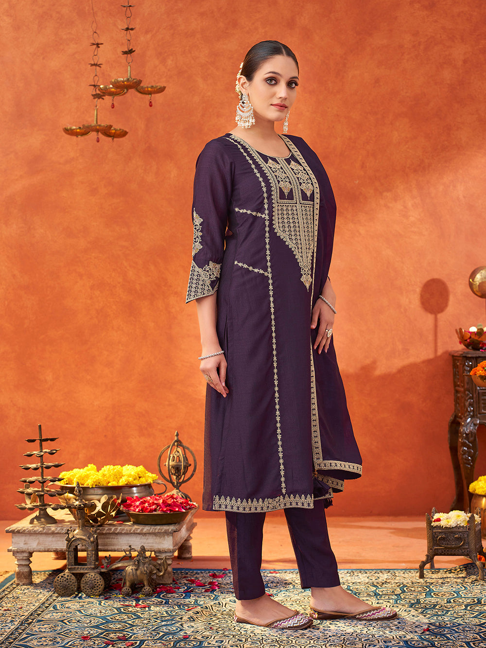Women's Purple Silk Blend Embroidered Kurta set with dupatta
