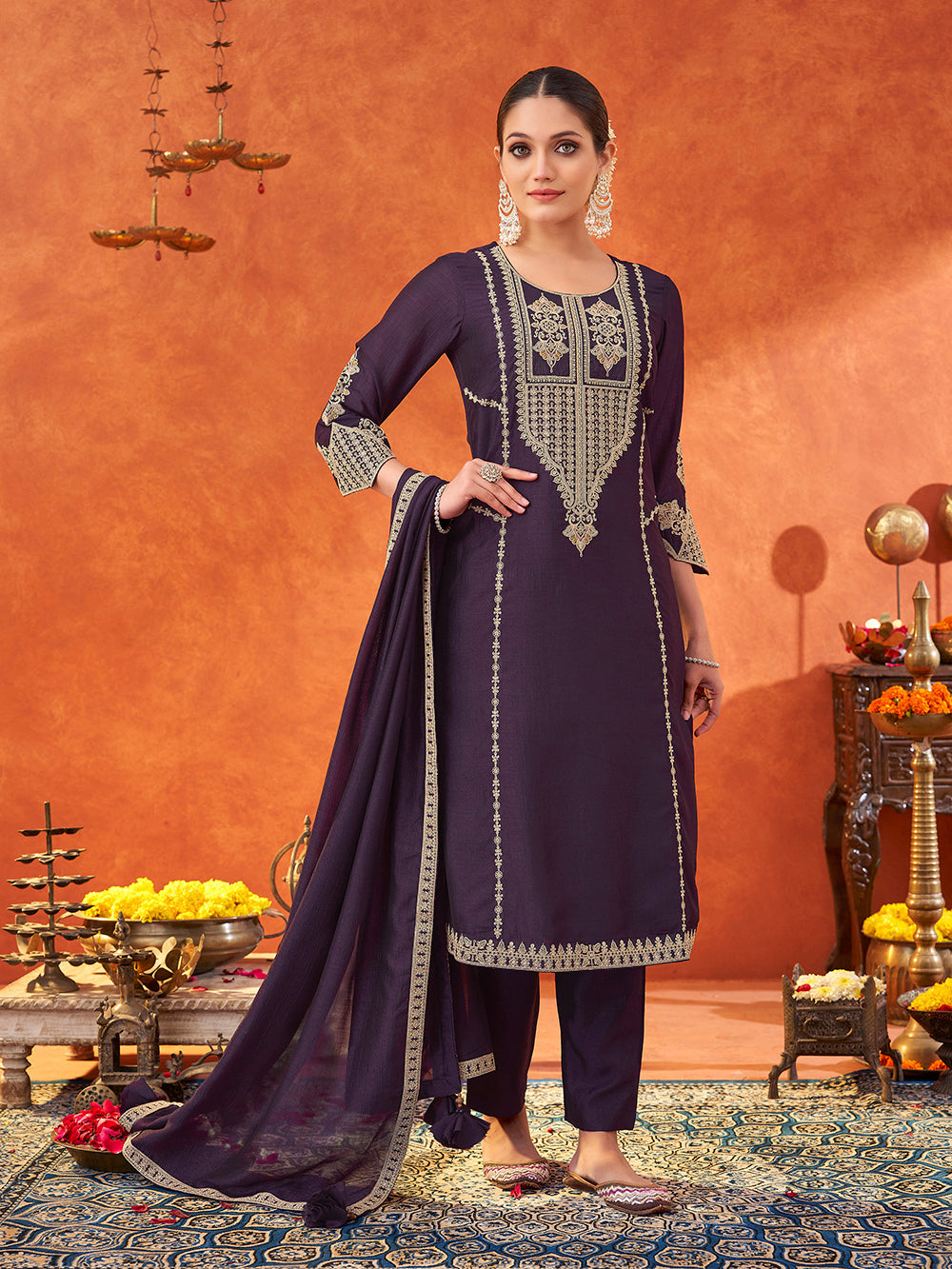 Women's Purple Silk Blend Embroidered Kurta set with dupatta
