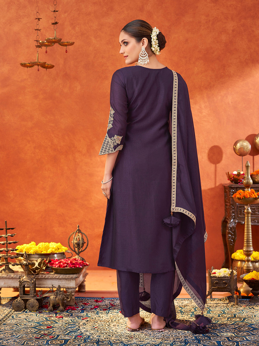 Women's Purple Silk Blend Embroidered Kurta set with dupatta