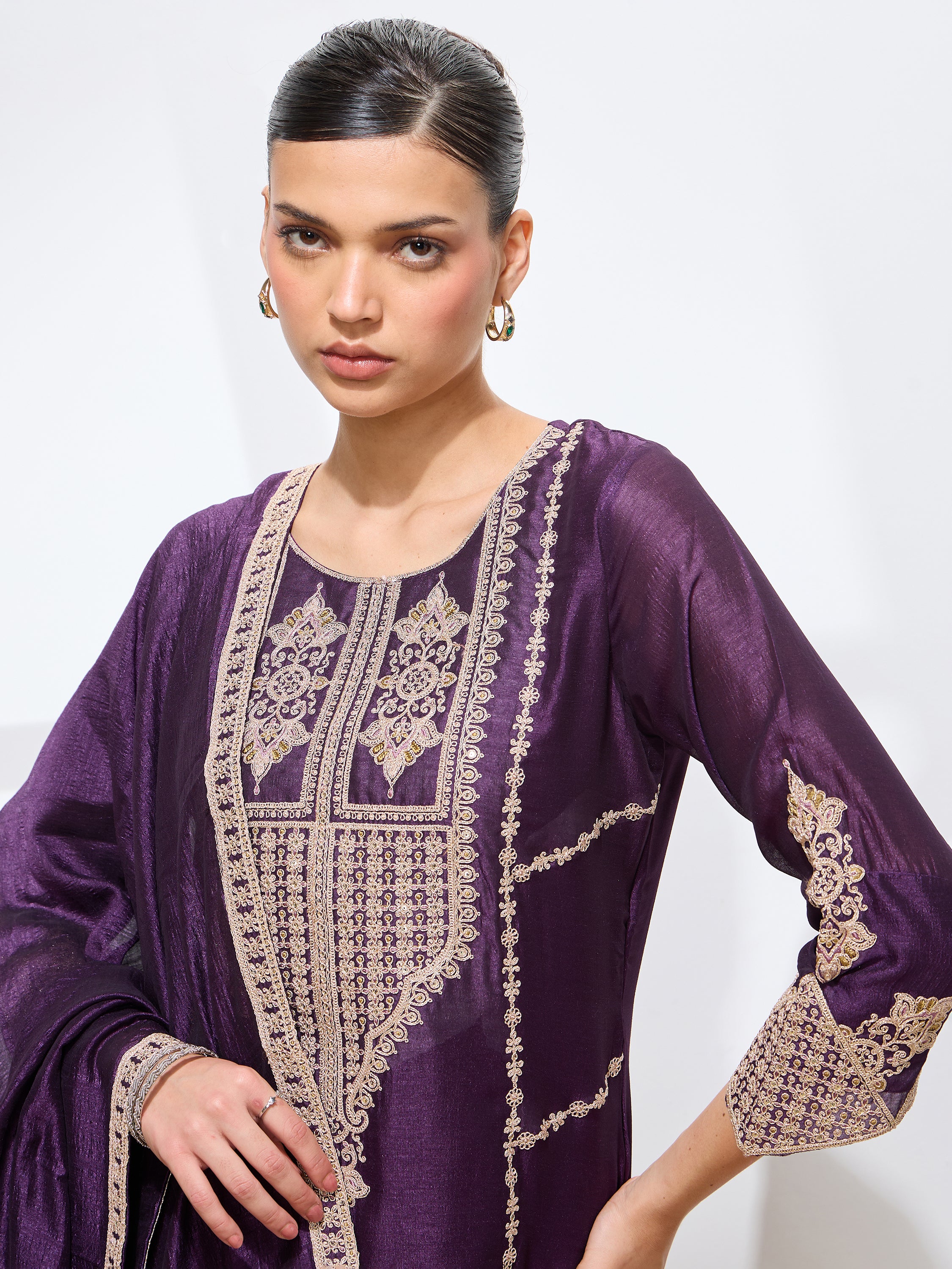 Women's Purple Silk Blend Embroidered Kurta set with dupatta