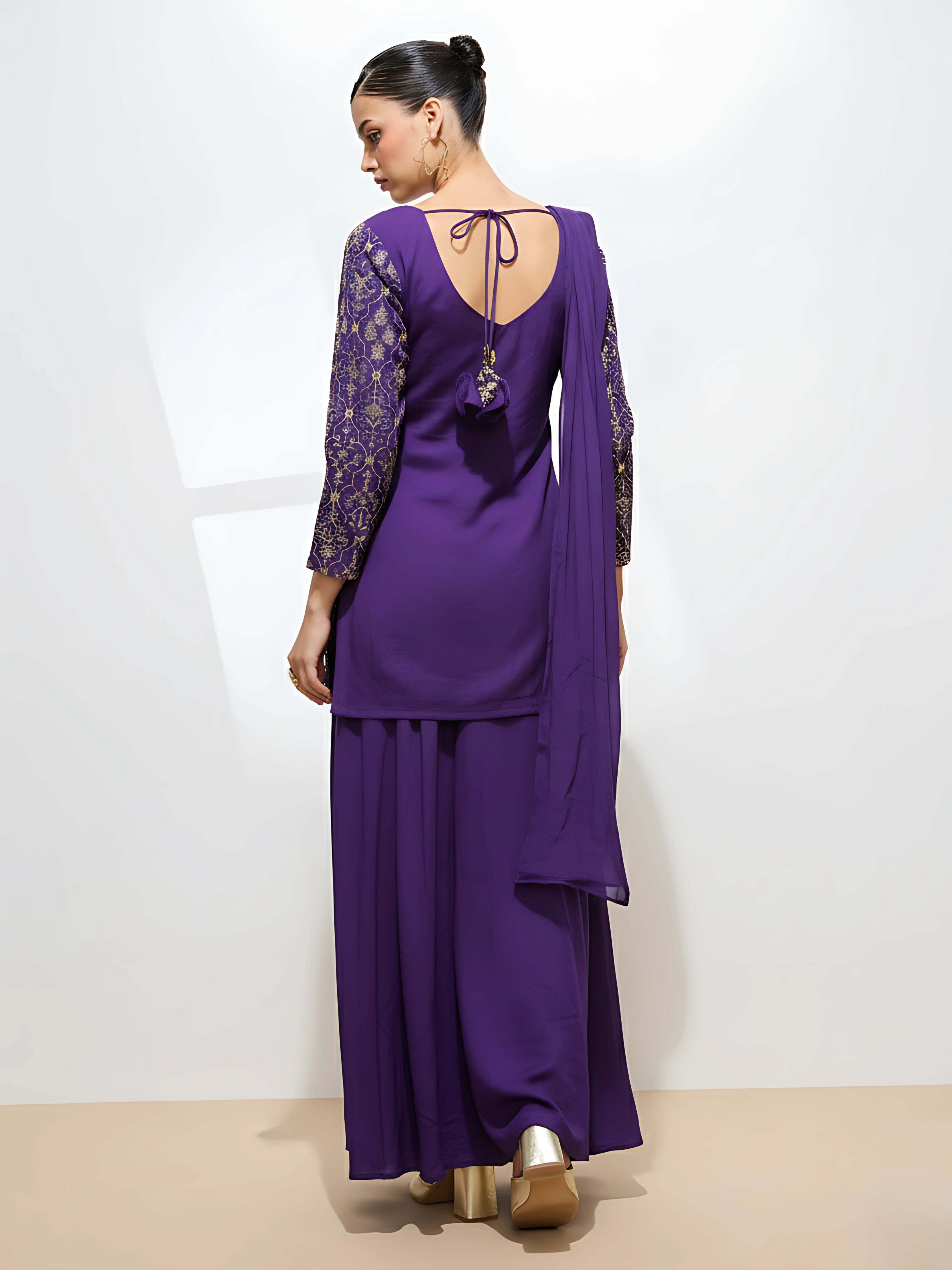Women's Purple Silk Blend Embroidered Sharara set with dupatta