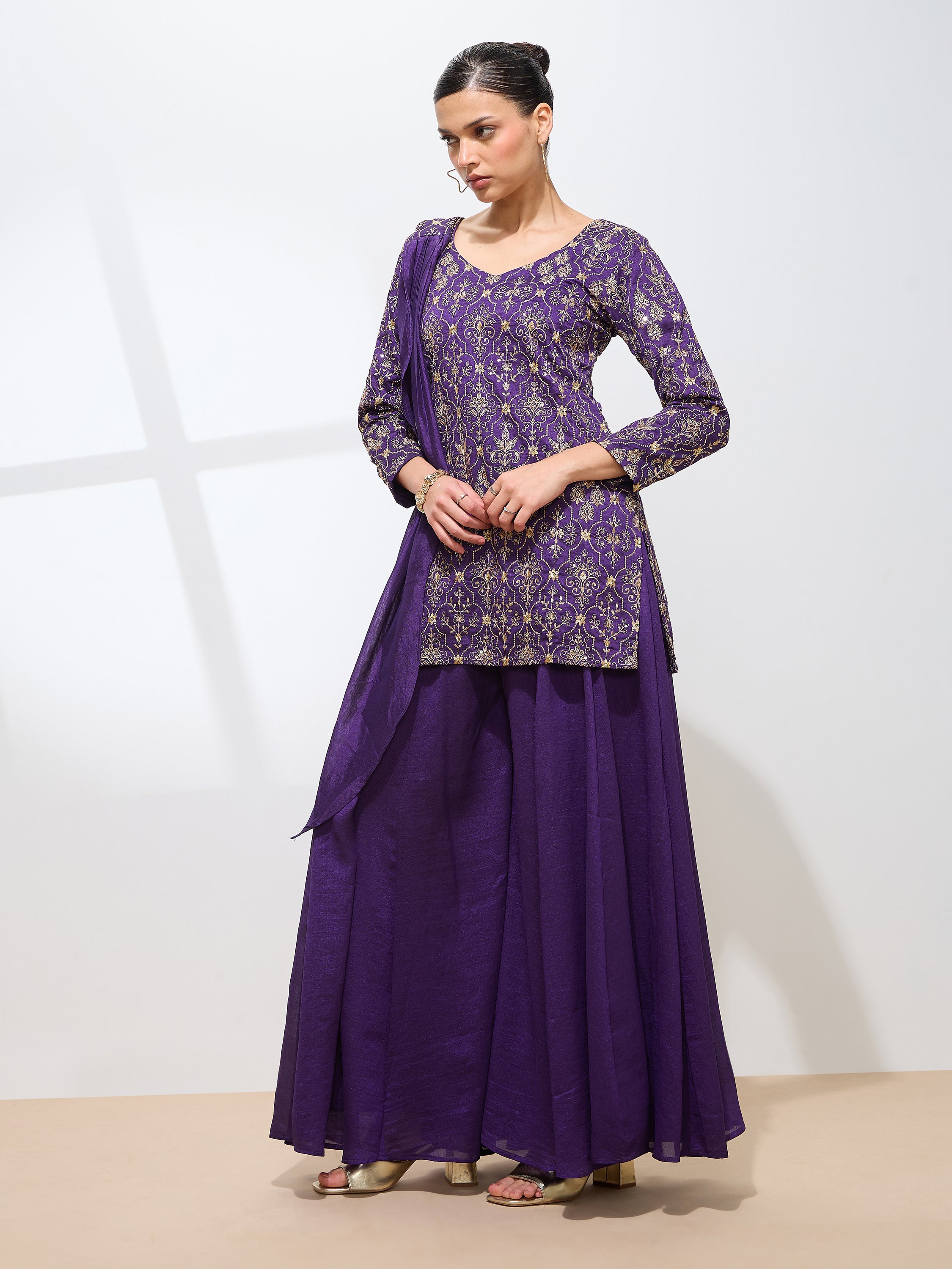 Women's Purple Silk Blend Embroidered Sharara set with dupatta