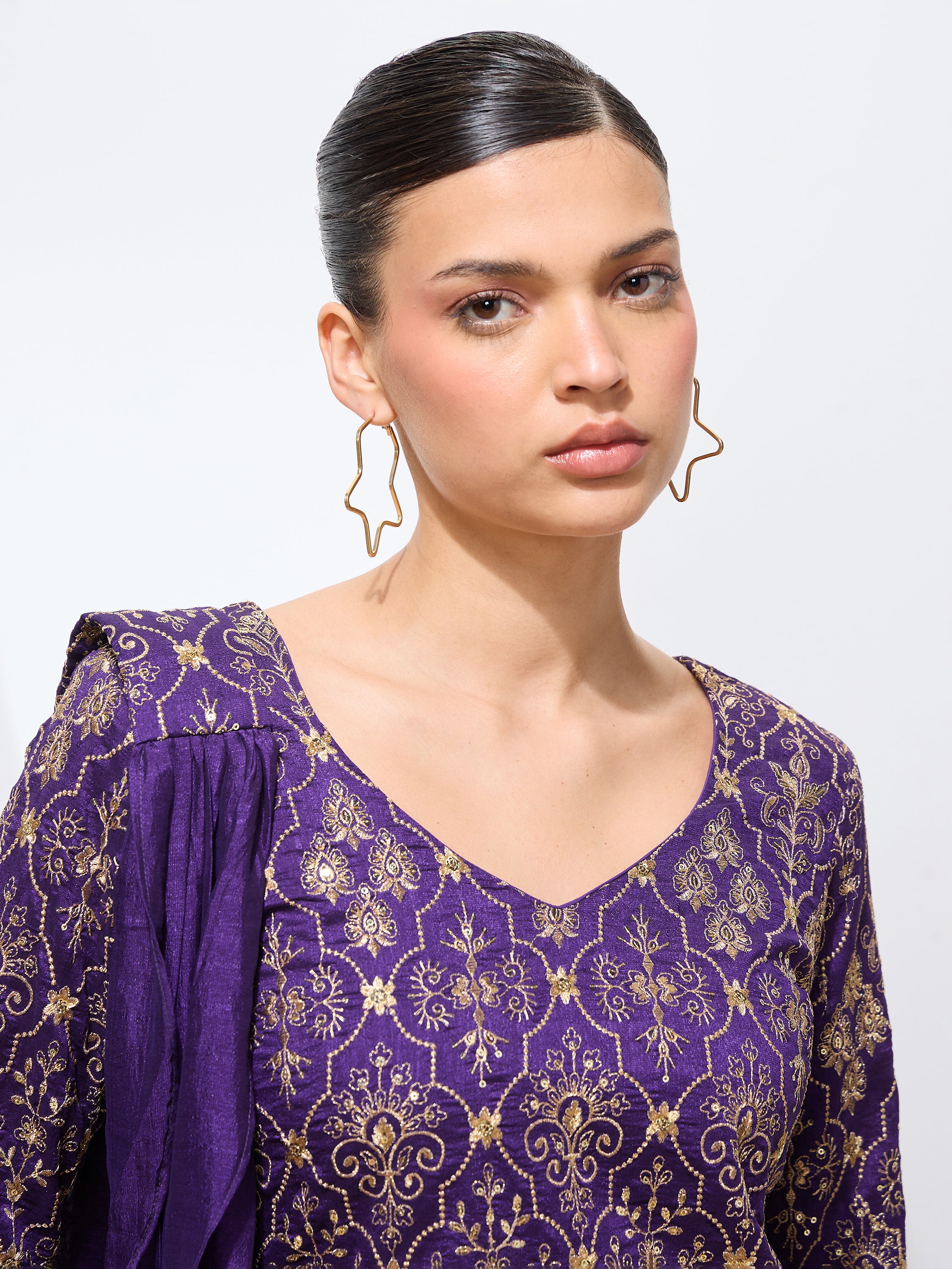 Women's Purple Silk Blend Embroidered Sharara set with dupatta