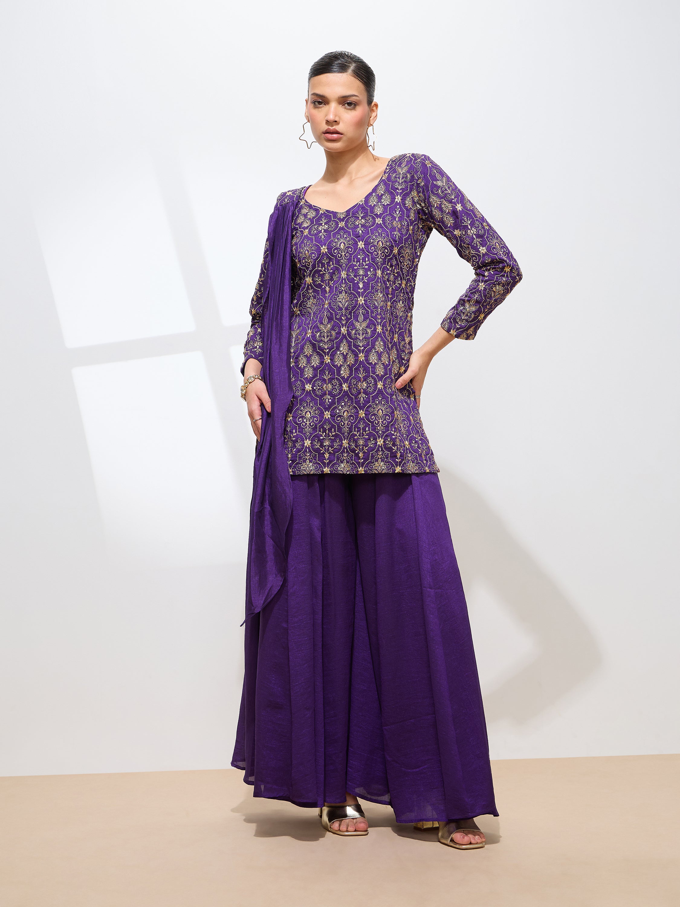 Women's Purple Silk Blend Embroidered Sharara set with dupatta