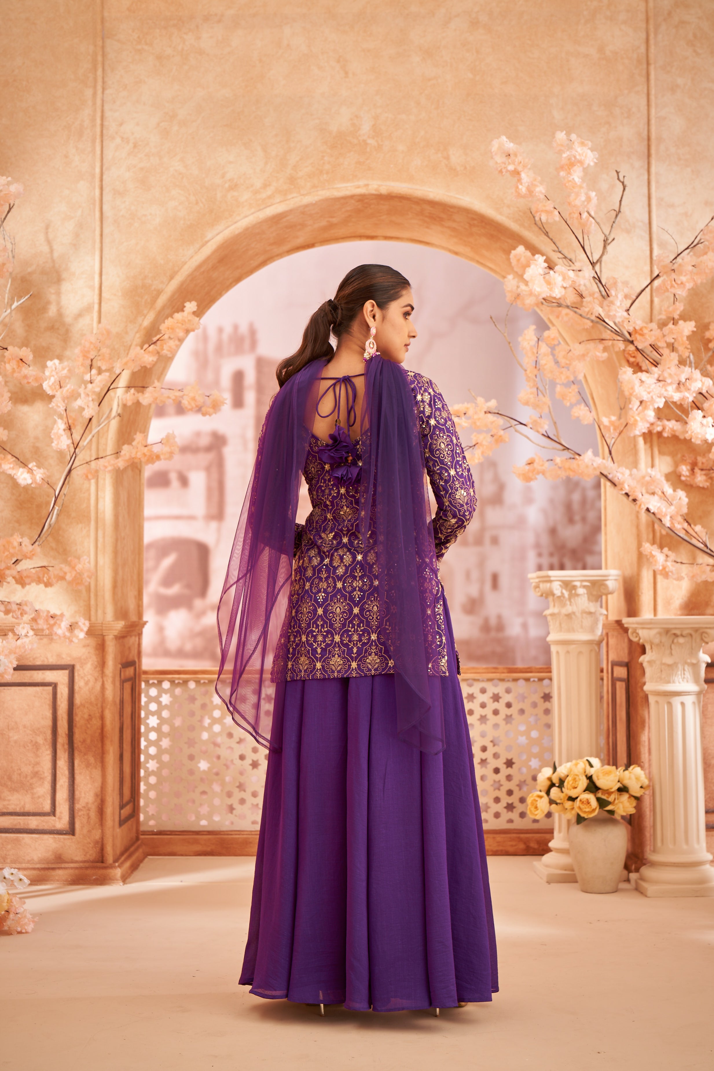 Women's Purple Silk Blend Embroidered Sharara set with dupatta