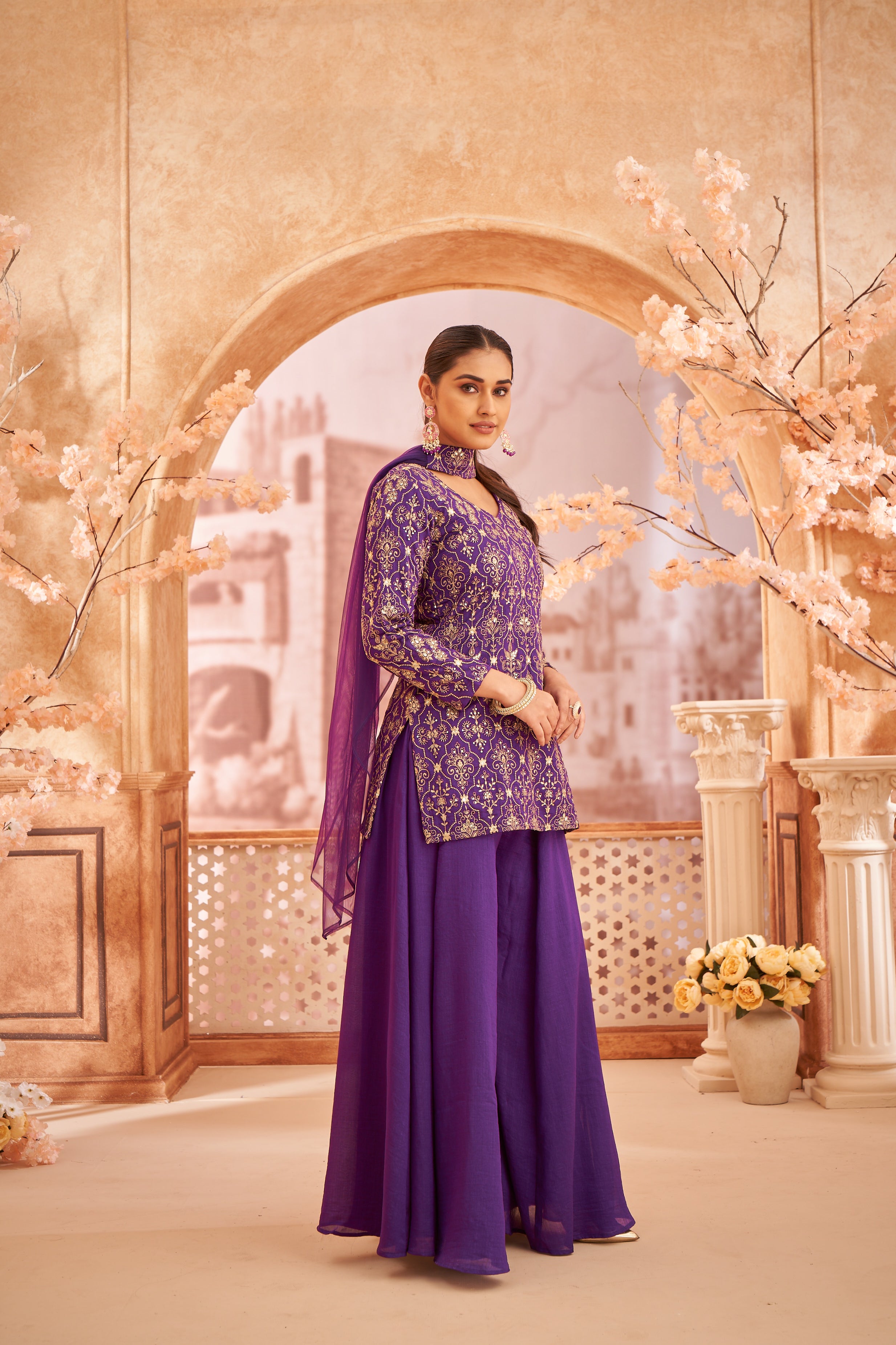 Women's Purple Silk Blend Embroidered Sharara set with dupatta