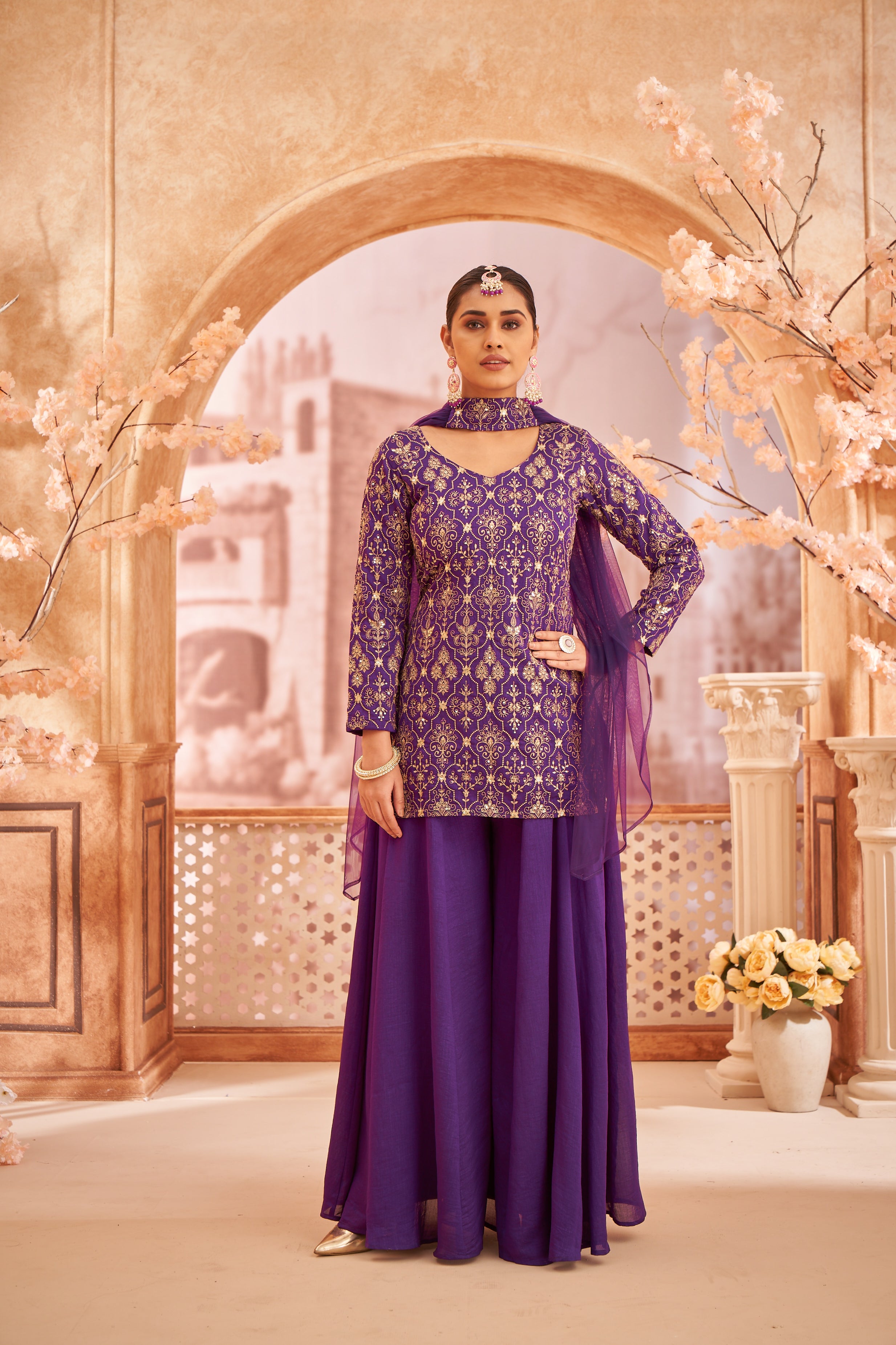 Women's Purple Silk Blend Embroidered Sharara set with dupatta