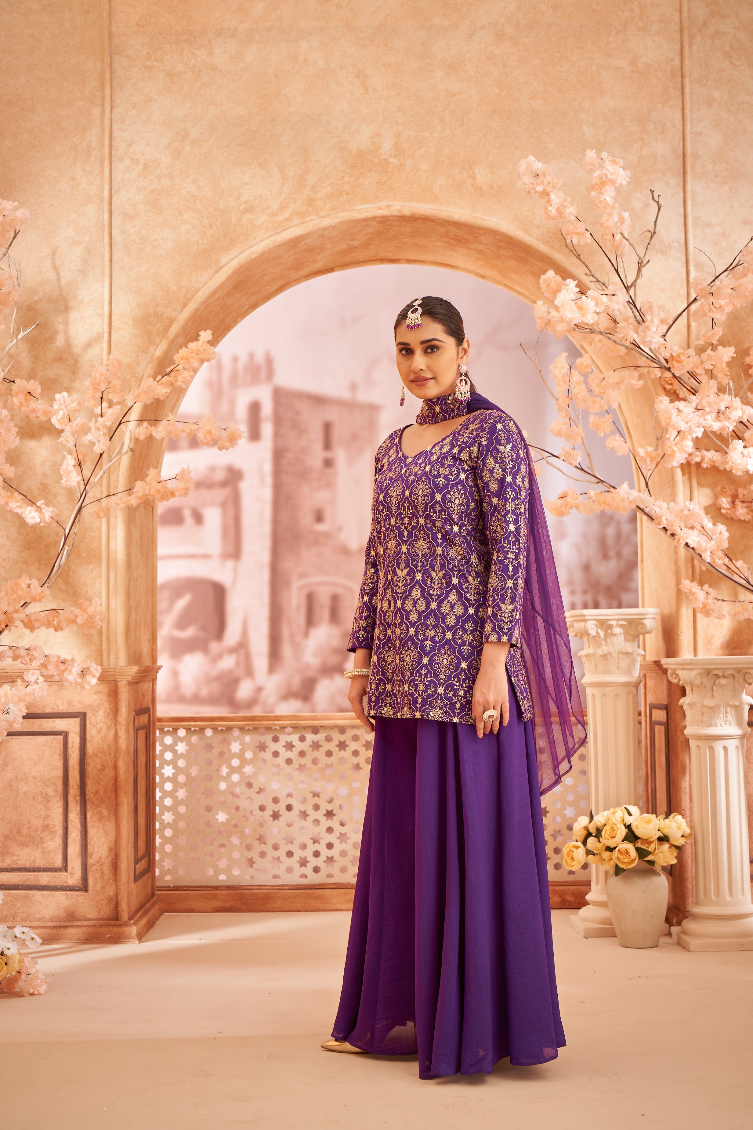 Women's Purple Silk Blend Embroidered Sharara set with dupatta