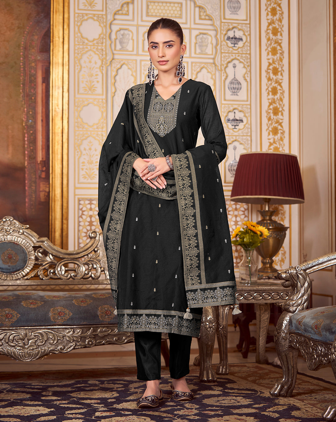 Women's Black Silk Blend Woven Design Kurta with Trouser & Woven Dupatta