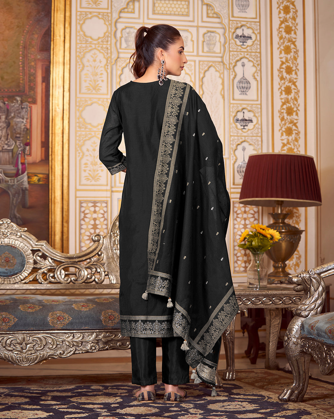 Women's Black Silk Blend Woven Design Kurta with Trouser & Woven Dupatta