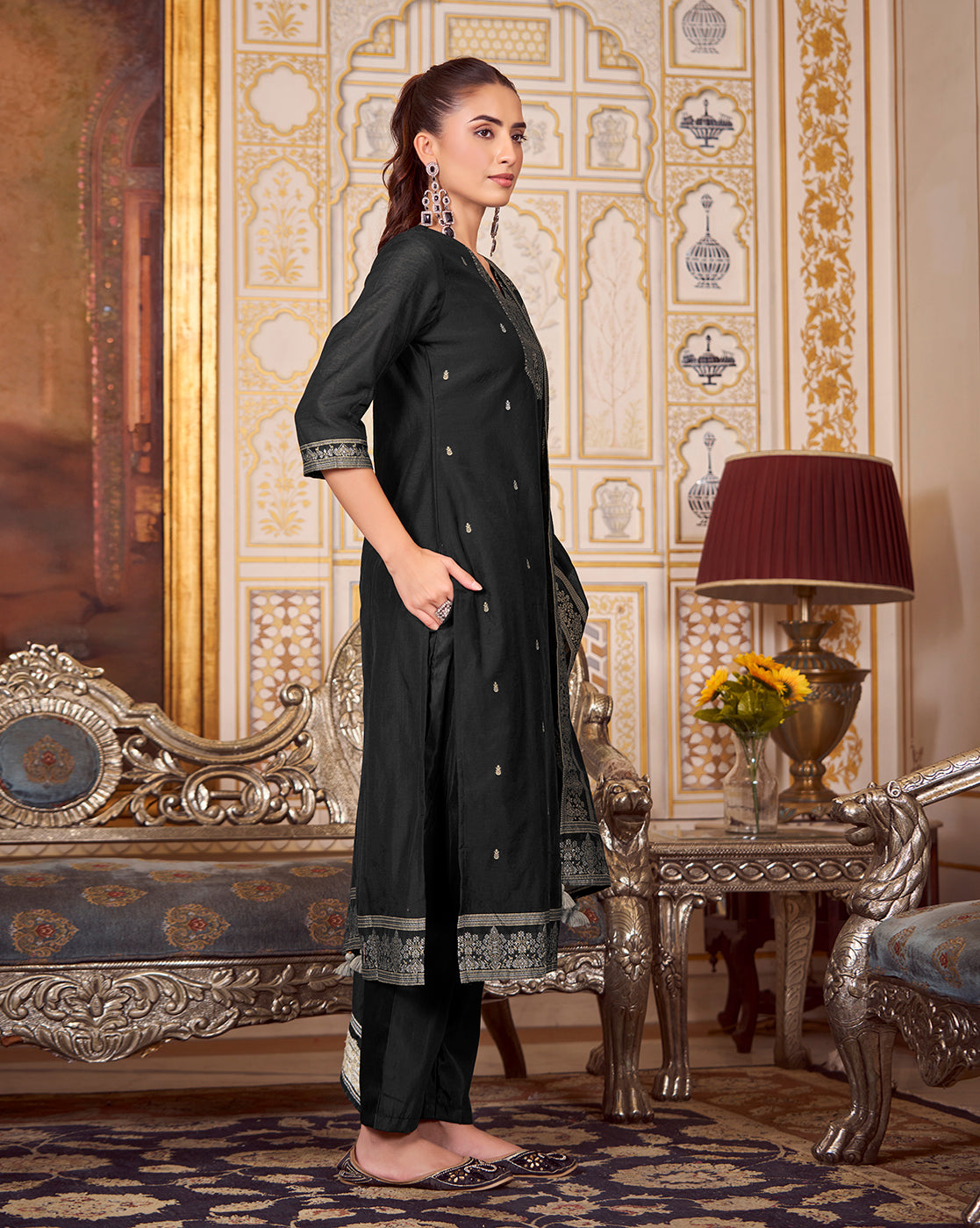 Women's Black Silk Blend Woven Design Kurta with Trouser & Woven Dupatta