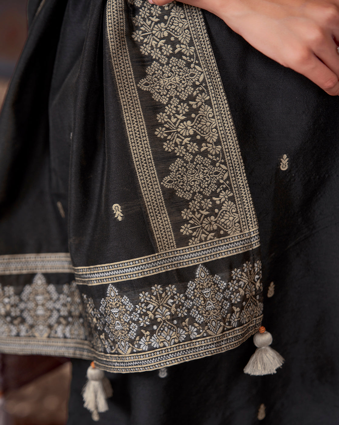 Women's Black Silk Blend Woven Design Kurta with Trouser & Woven Dupatta