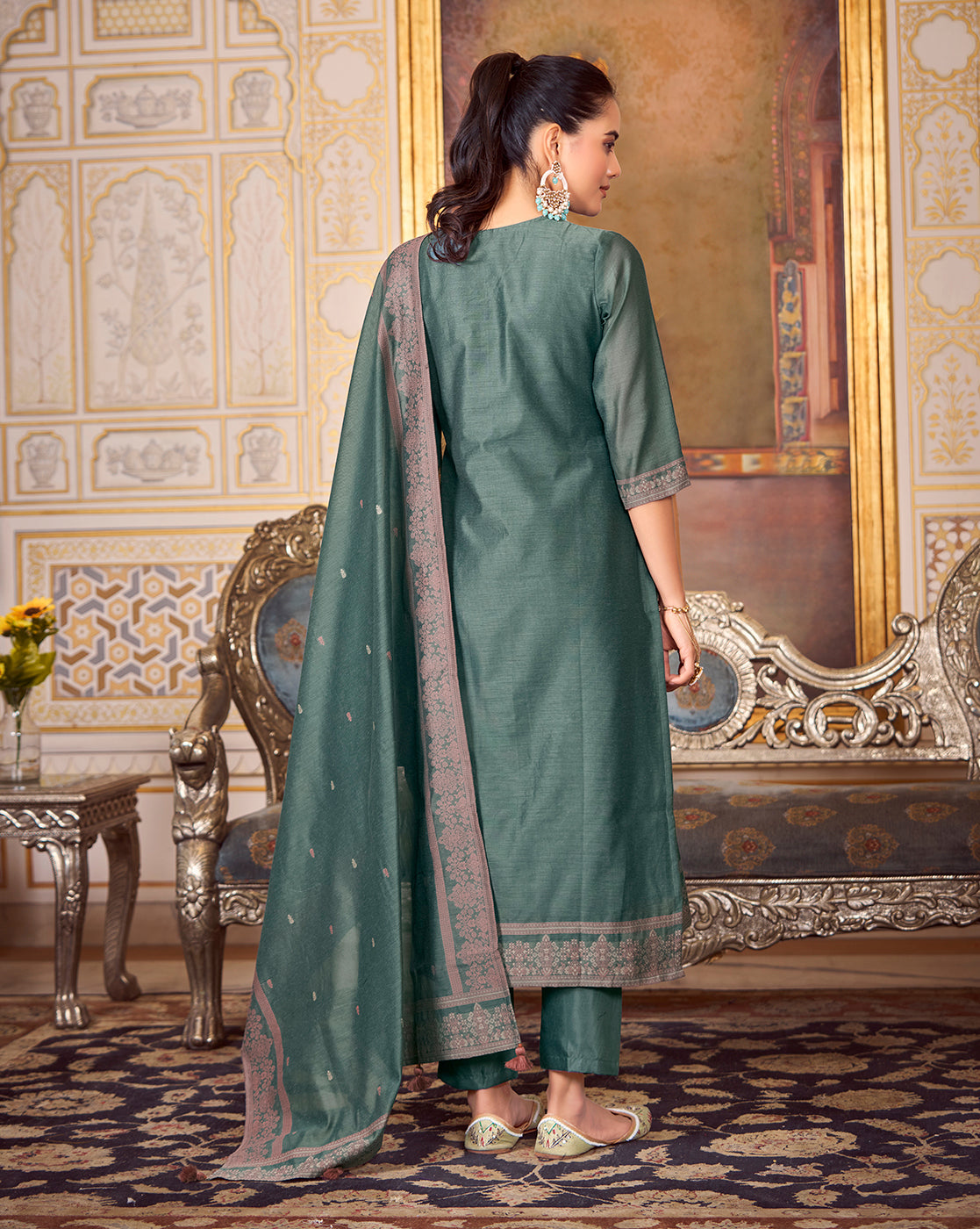 Women's Teal Silk Blend Woven Design Kurta with Trouser & Woven Dupatta