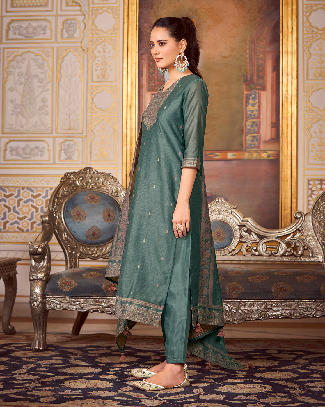 Women's Teal Silk Blend Woven Design Kurta with Trouser & Woven Dupatta