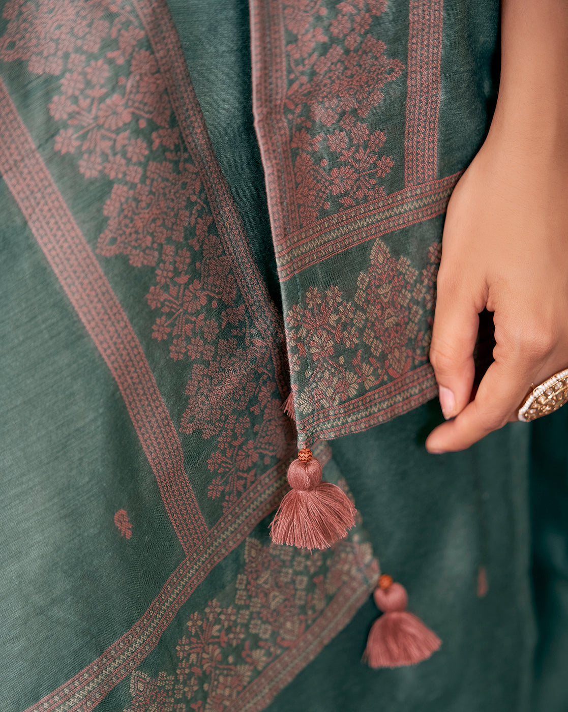 Women's Teal Silk Blend Woven Design Kurta with Trouser & Woven Dupatta