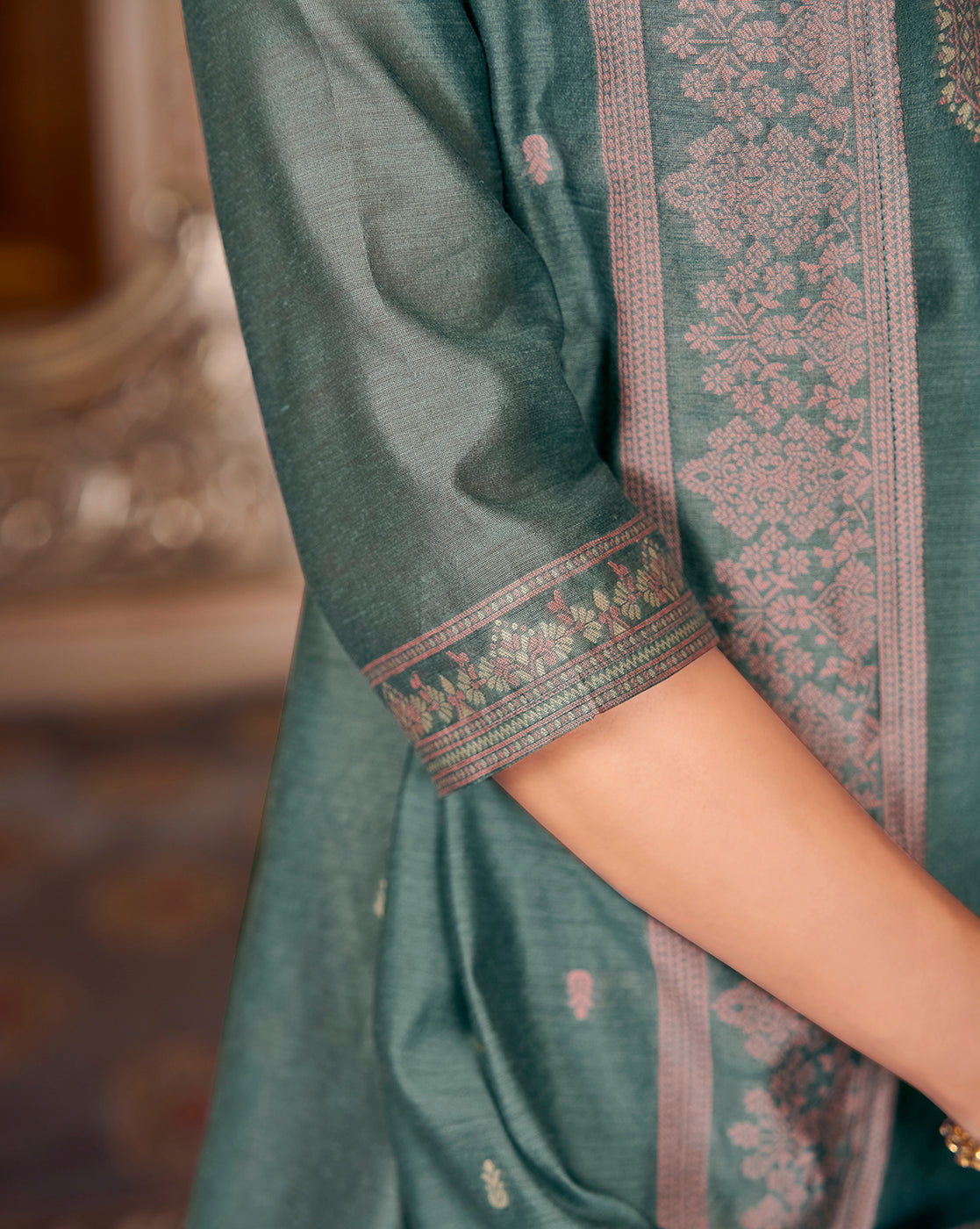 Women's Teal Silk Blend Woven Design Kurta with Trouser & Woven Dupatta