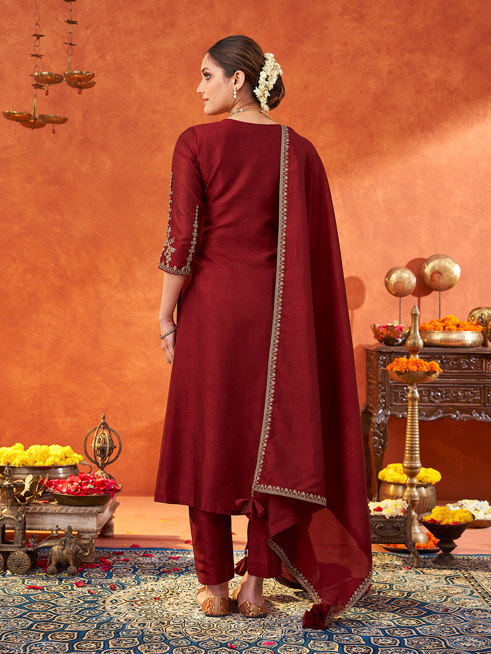 Women's Maroon Silk Blend Embroidered Kurta set with dupatta