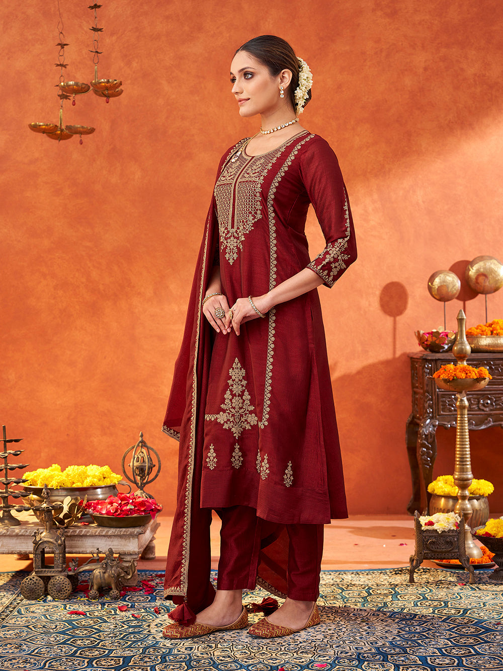 Women's Maroon Silk Blend Embroidered Kurta set with dupatta