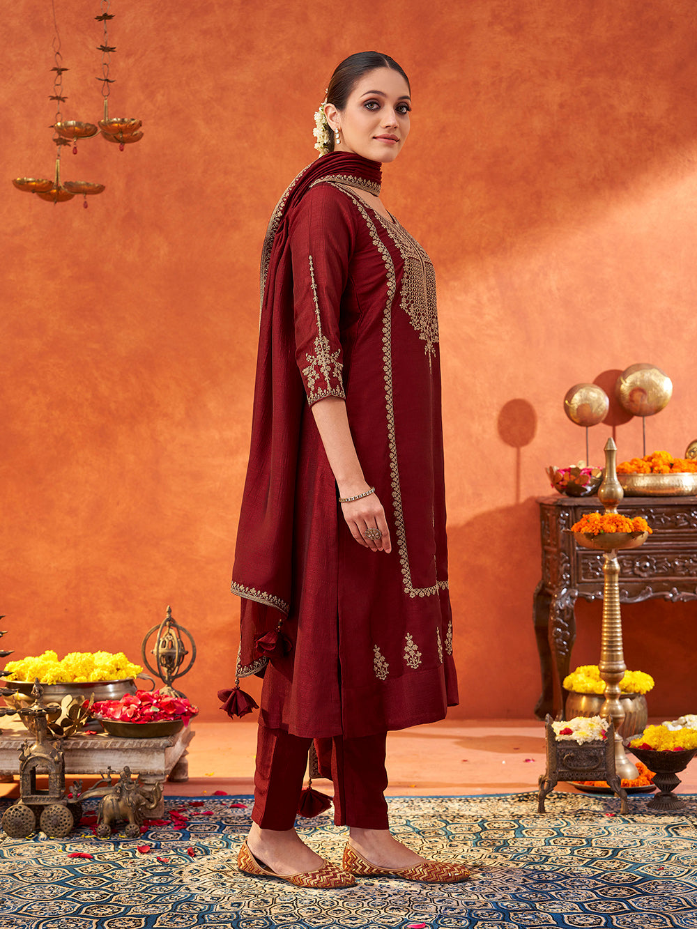 Women's Maroon Silk Blend Embroidered Kurta set with dupatta