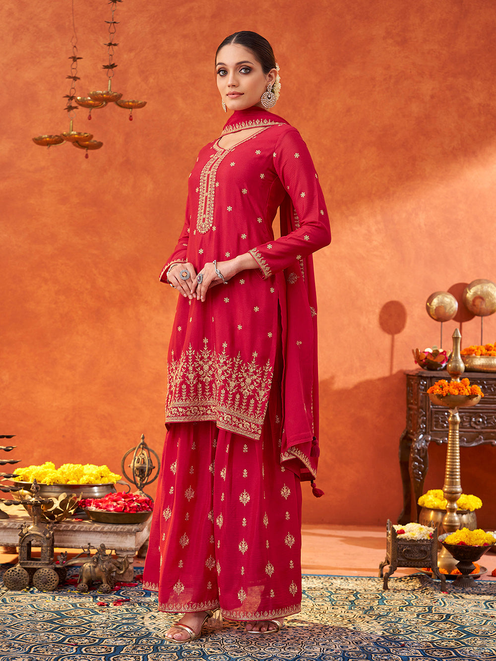 Women's Pink Poly chiffon Sequence Embroidered Sharara set with dupatta