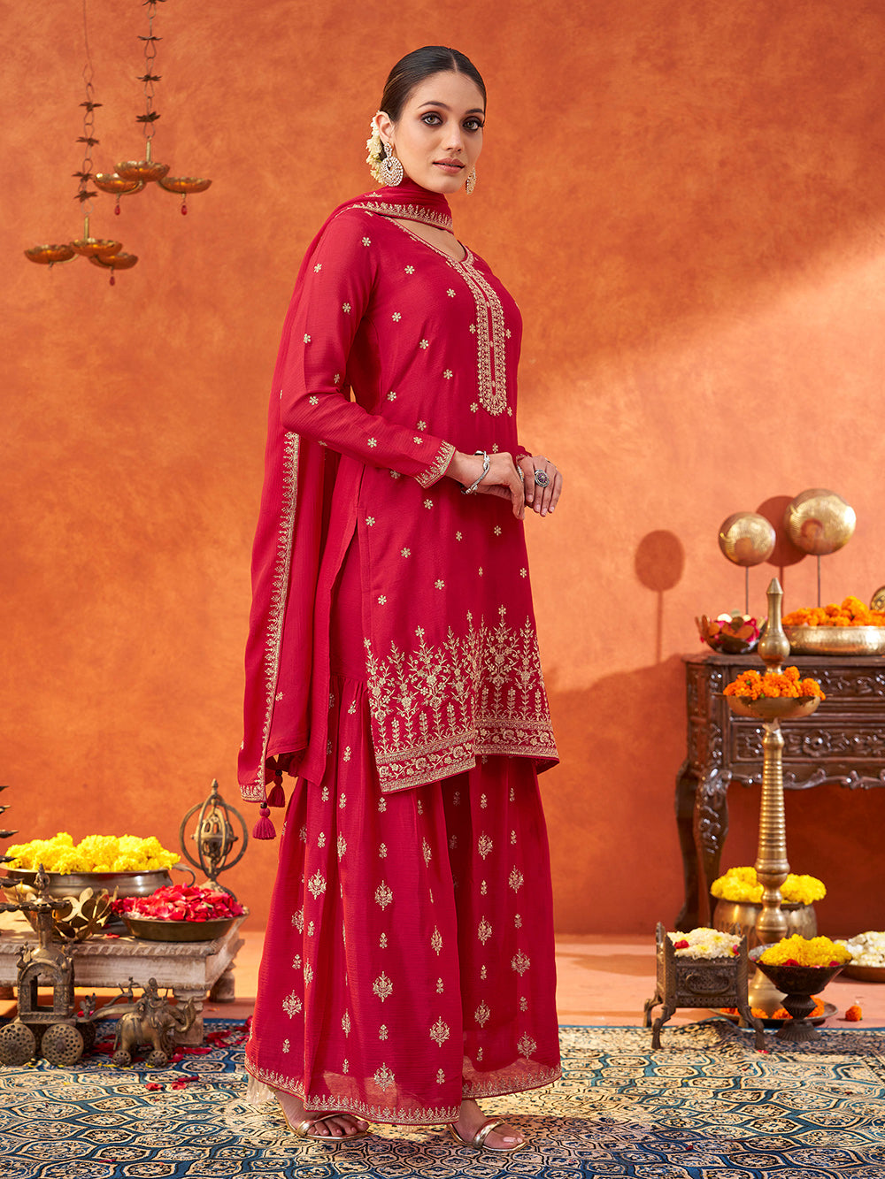 Women's Pink Poly chiffon Sequence Embroidered Sharara set with dupatta