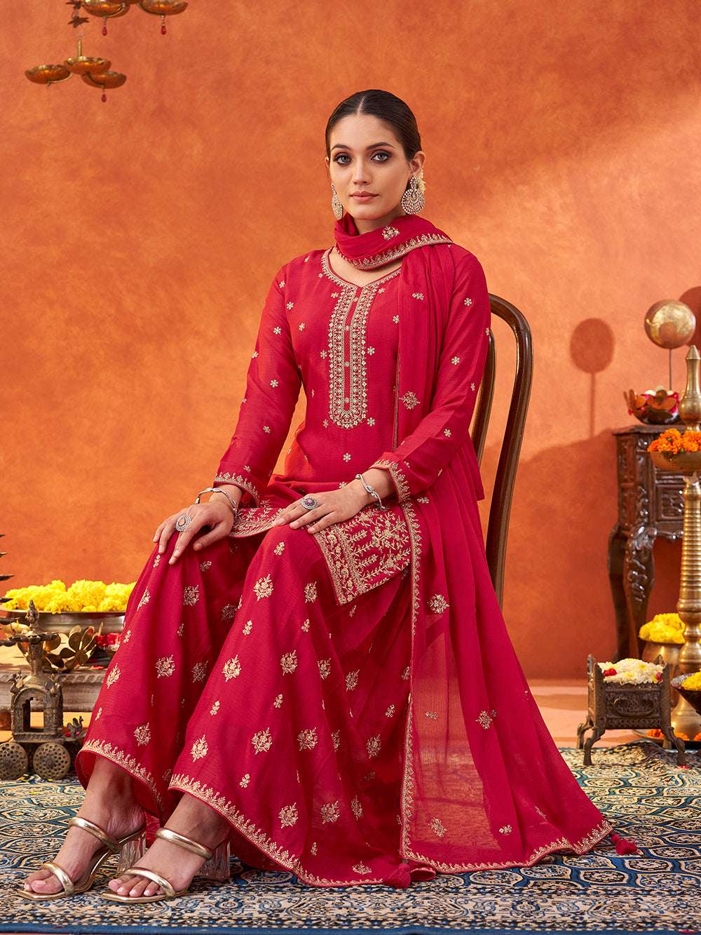 Women's Pink Poly chiffon Sequence Embroidered Sharara set with dupatta