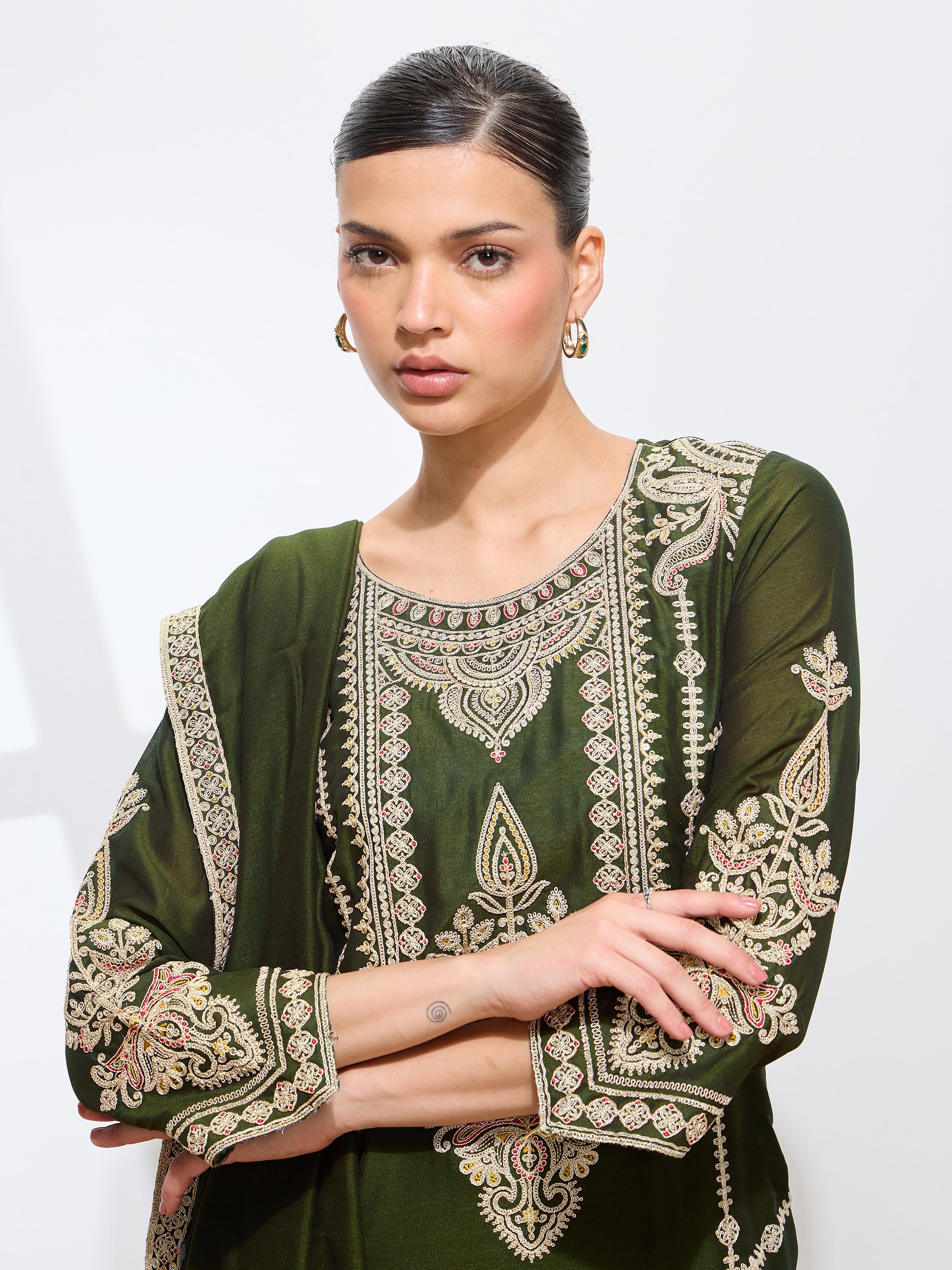 Women's Mehndi Silk Blend Embroidered Kurta set with dupatta