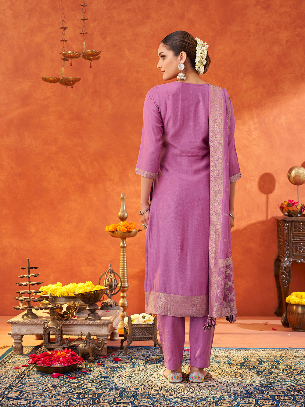 Women's Lavender Pure Muslin Woven Jacquard Kurta set with dupatta