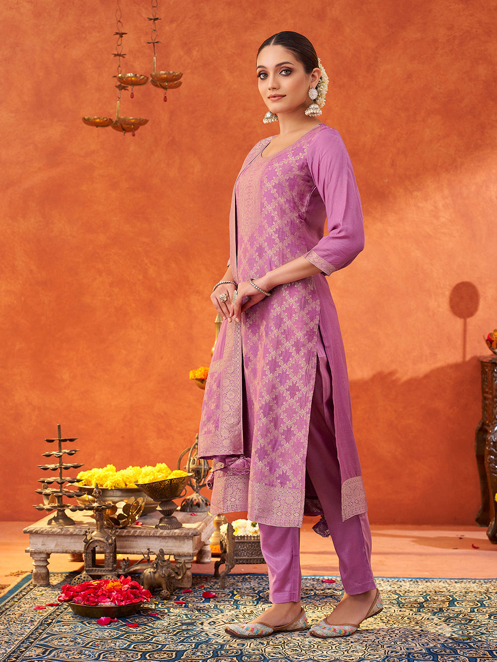 Women's Lavender Pure Muslin Woven Jacquard Kurta set with dupatta