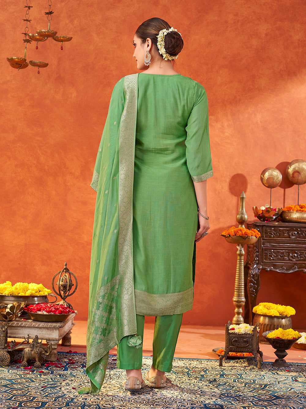 Women's Parrot Green Pure Muslin Woven Jacquard Kurta set with dupatta
