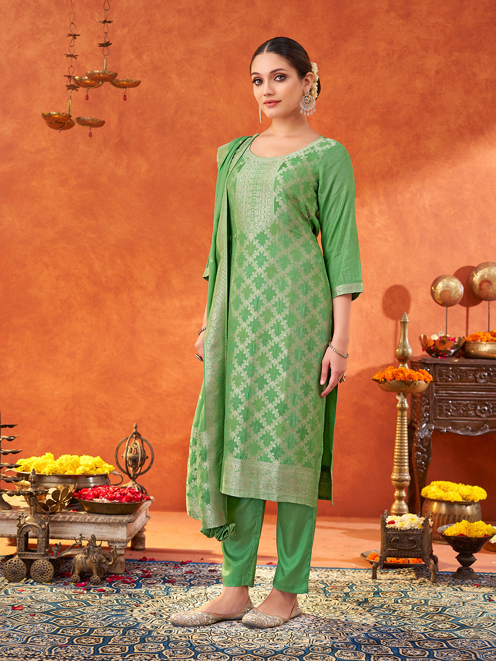 Women's Parrot Green Pure Muslin Woven Jacquard Kurta set with dupatta