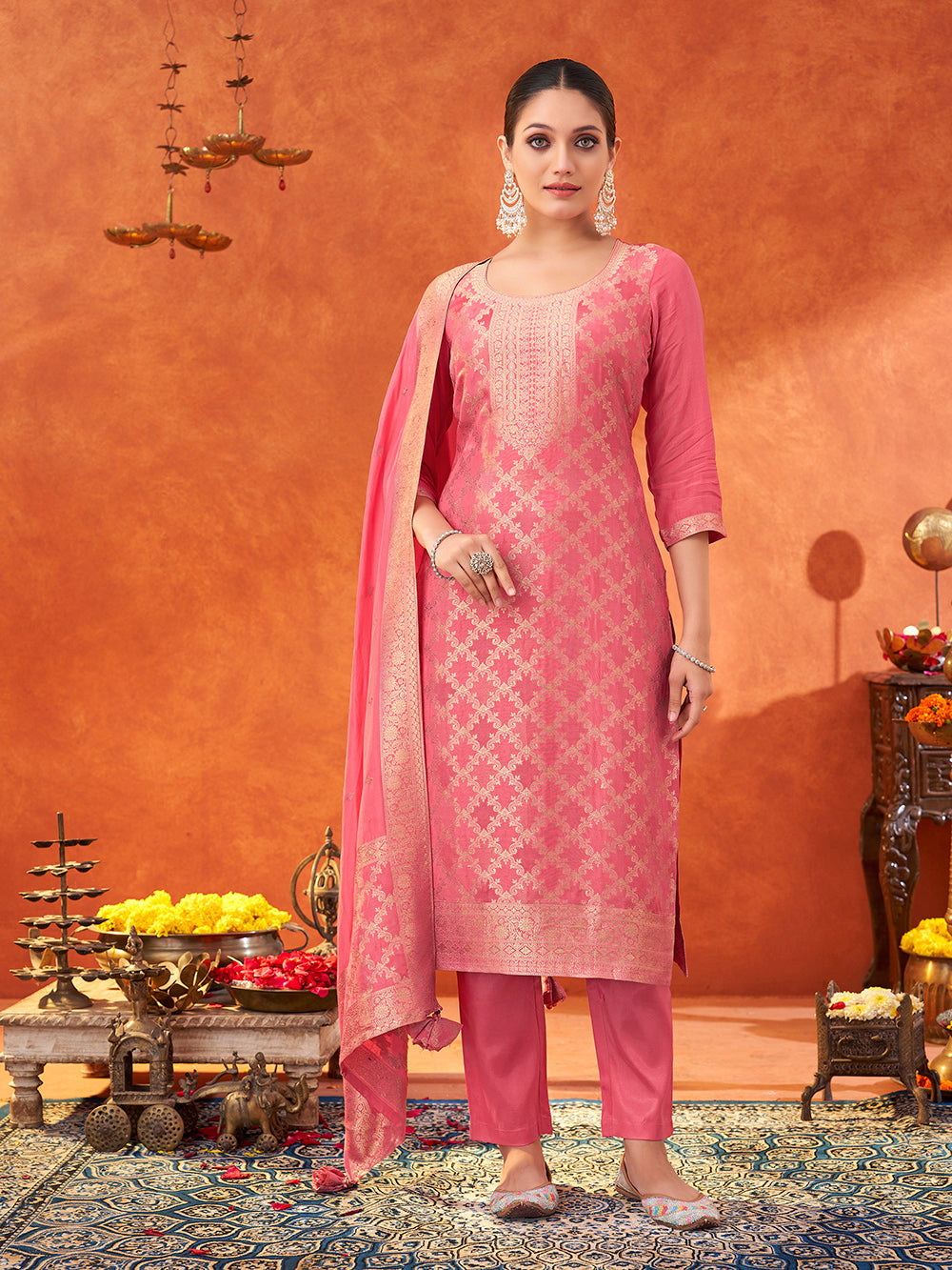 Women's Pink Pure Muslin Woven Jacquard Kurta set with dupatta