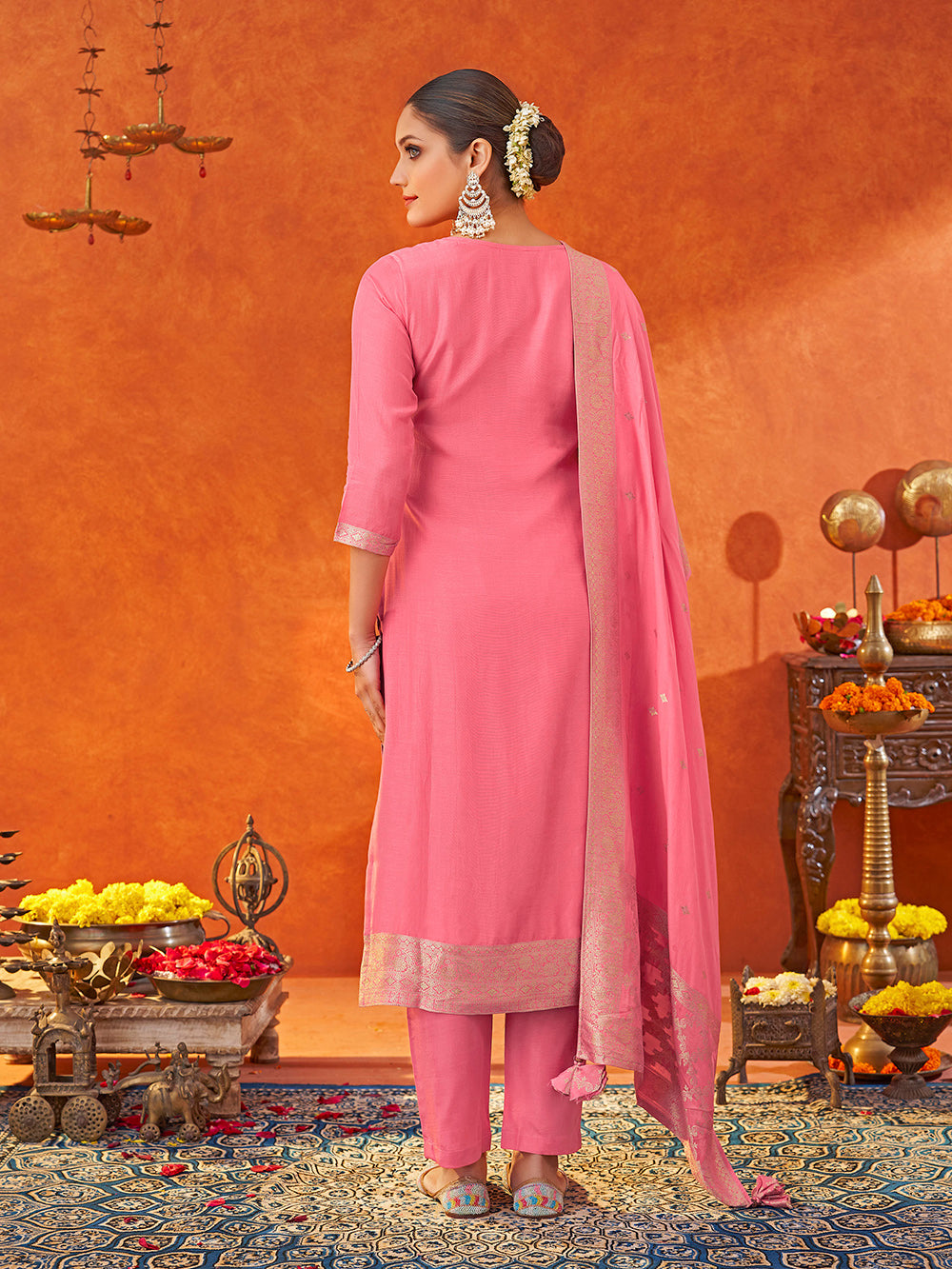 Women's Pink Pure Muslin Woven Jacquard Kurta set with dupatta