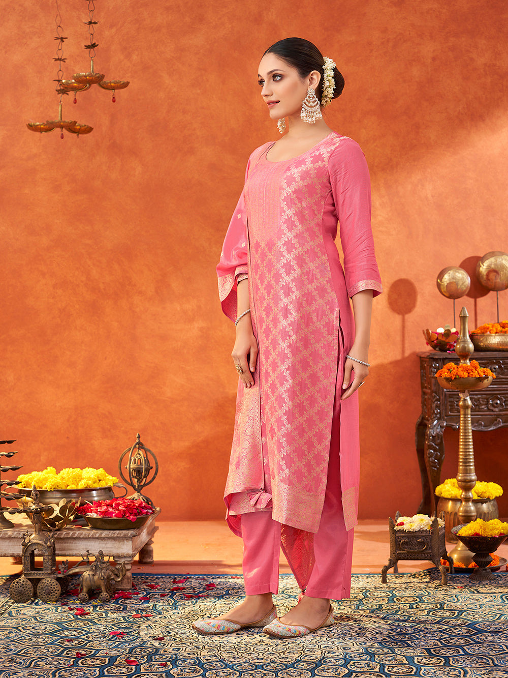 Women's Pink Pure Muslin Woven Jacquard Kurta set with dupatta