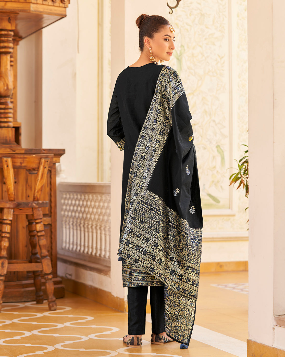 Women's Black Silk Blend Woven Design Kurta with Trouser & Woven Dupatta