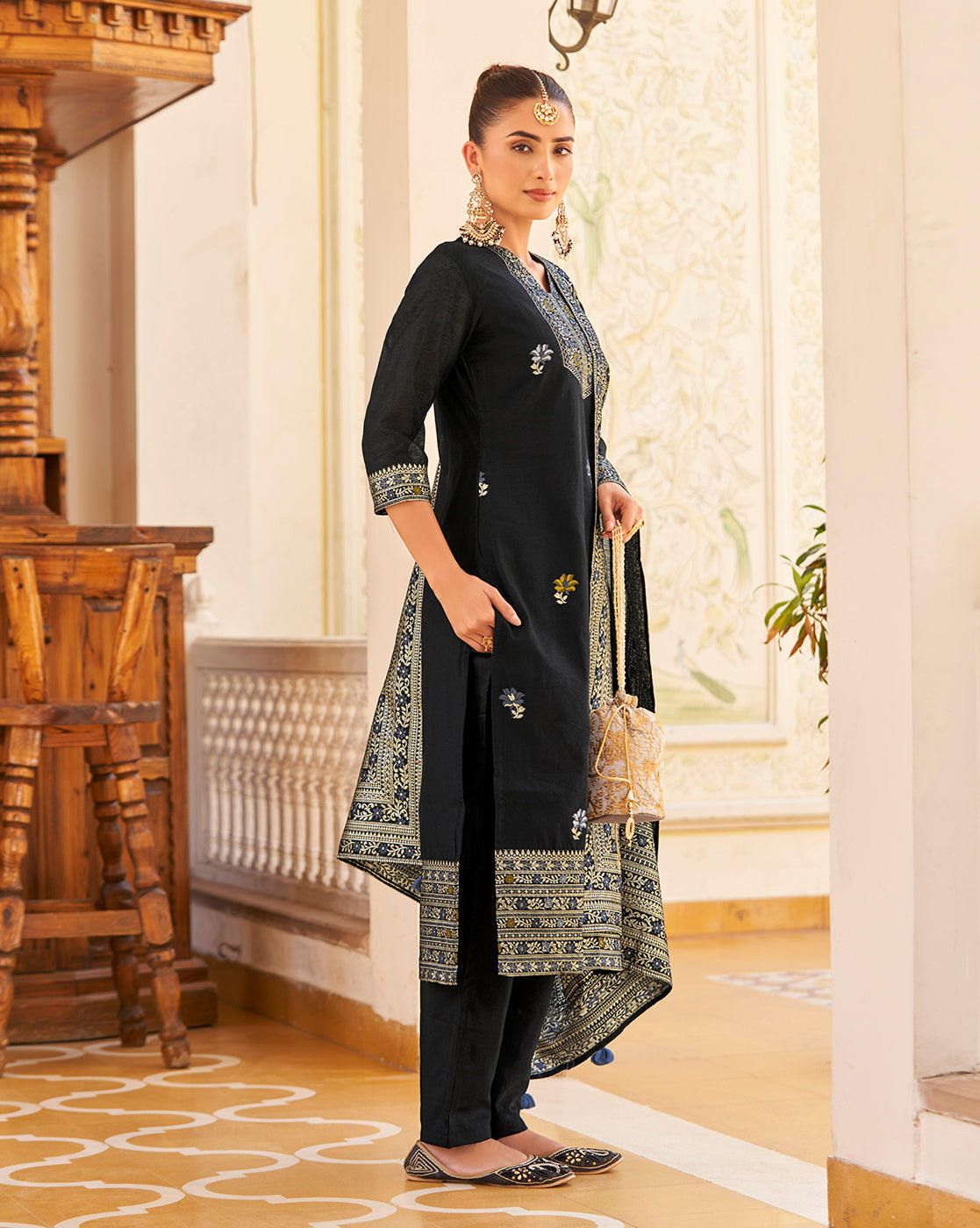 Women's Black Silk Blend Woven Design Kurta with Trouser & Woven Dupatta