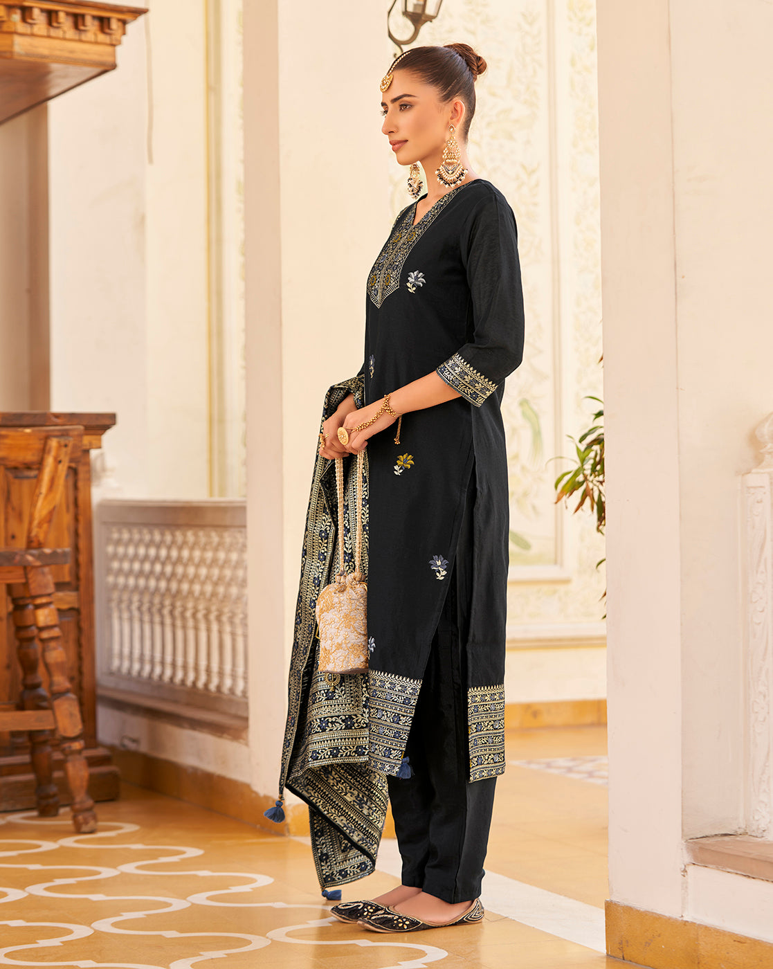 Women's Black Silk Blend Woven Design Kurta with Trouser & Woven Dupatta